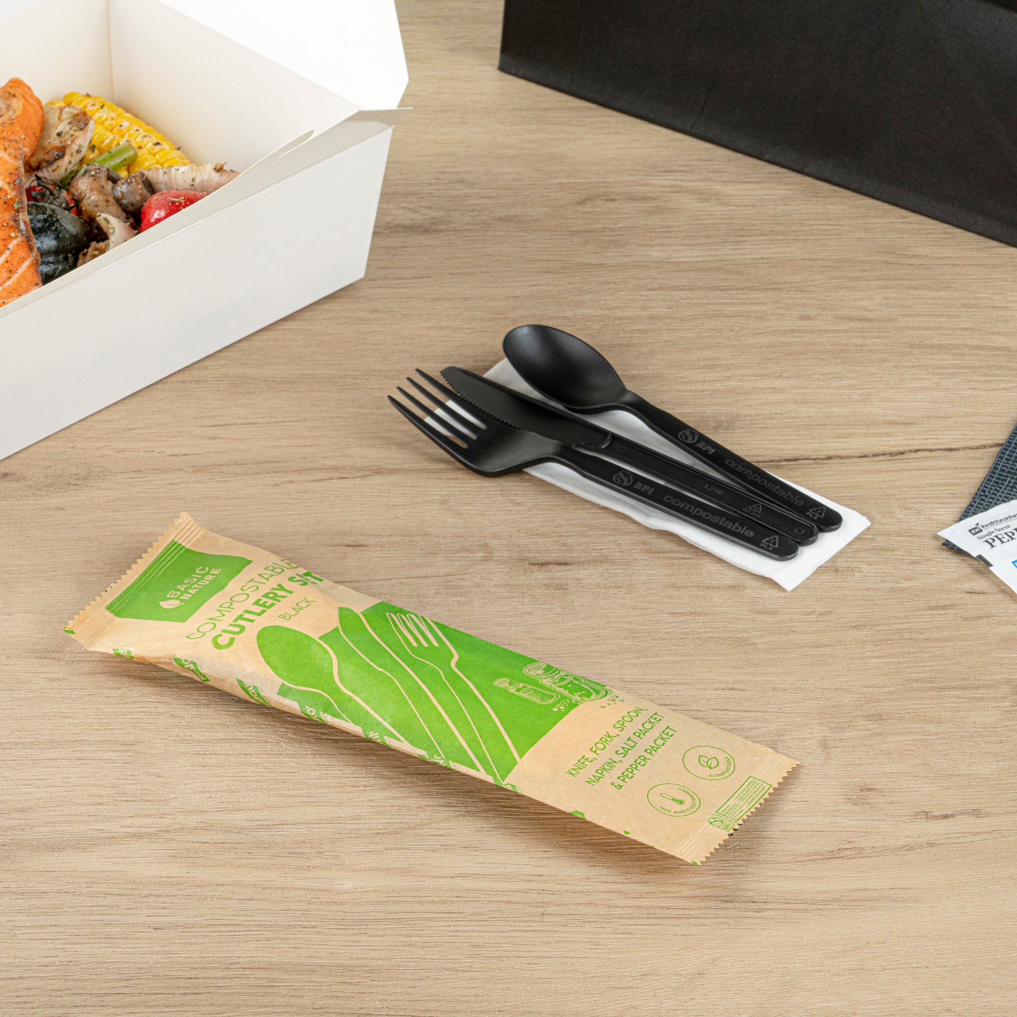 Eco-Friendly Black PLA Plastic Cutlery Set with Napkins & Salt/Pepper Packets - 250 Count Compostable Utensils for Parties, Picnics & Takeout | 6.25