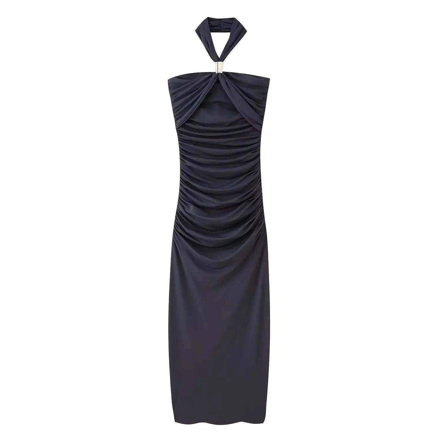 Elegant Sleeveless Backless Solid Color Midi Dress for Women - Fashion Metal Ring Pleat Long Summer Dress, Slim Fit Lady Robe - Perfect for Beach Parties, Evening Events & Vacation Wear
