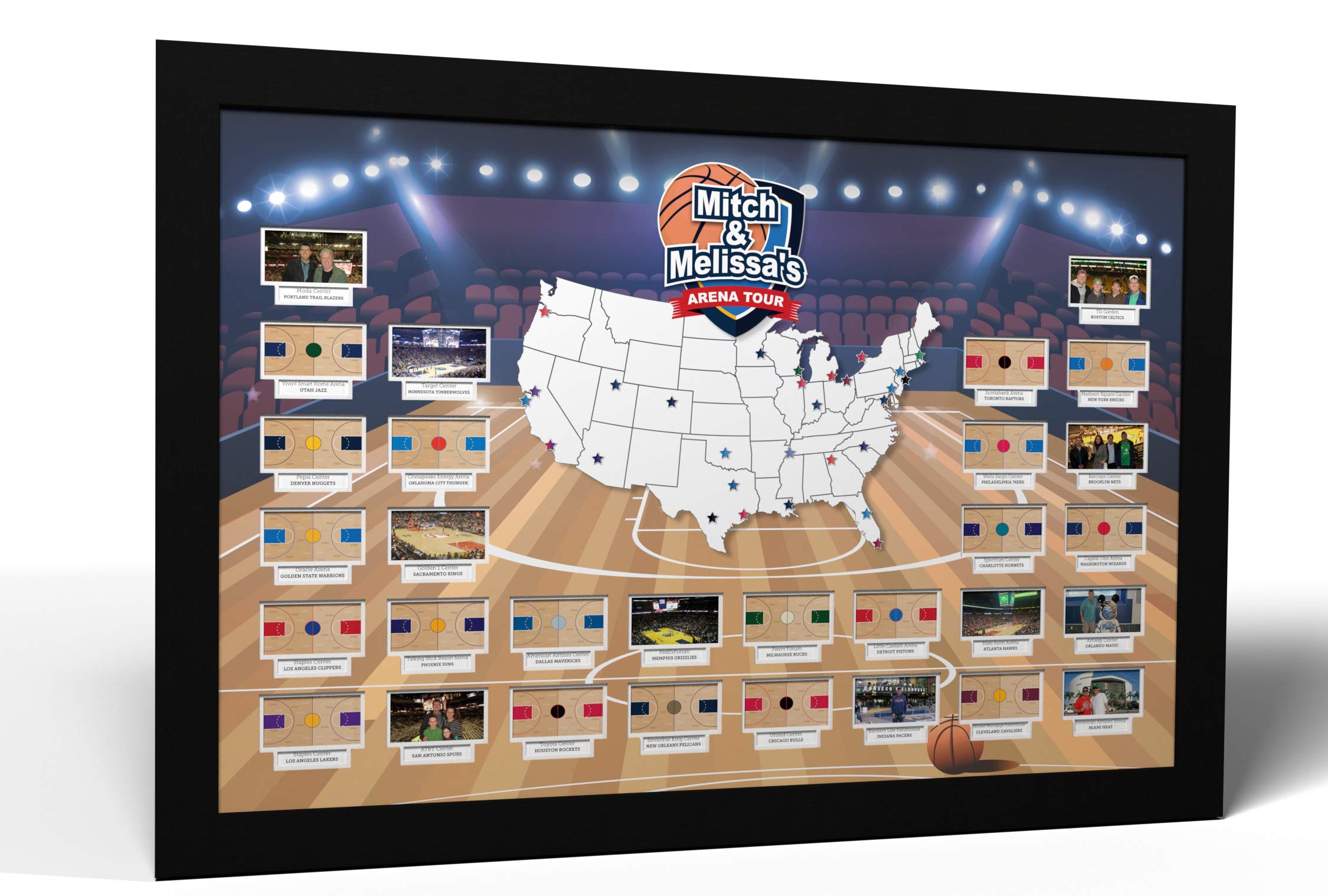 Custom Basketball Arenas Photo Map - Handmade in USA with Black Frame - Perfect Gift for Sports Fans, Home & Office Decor