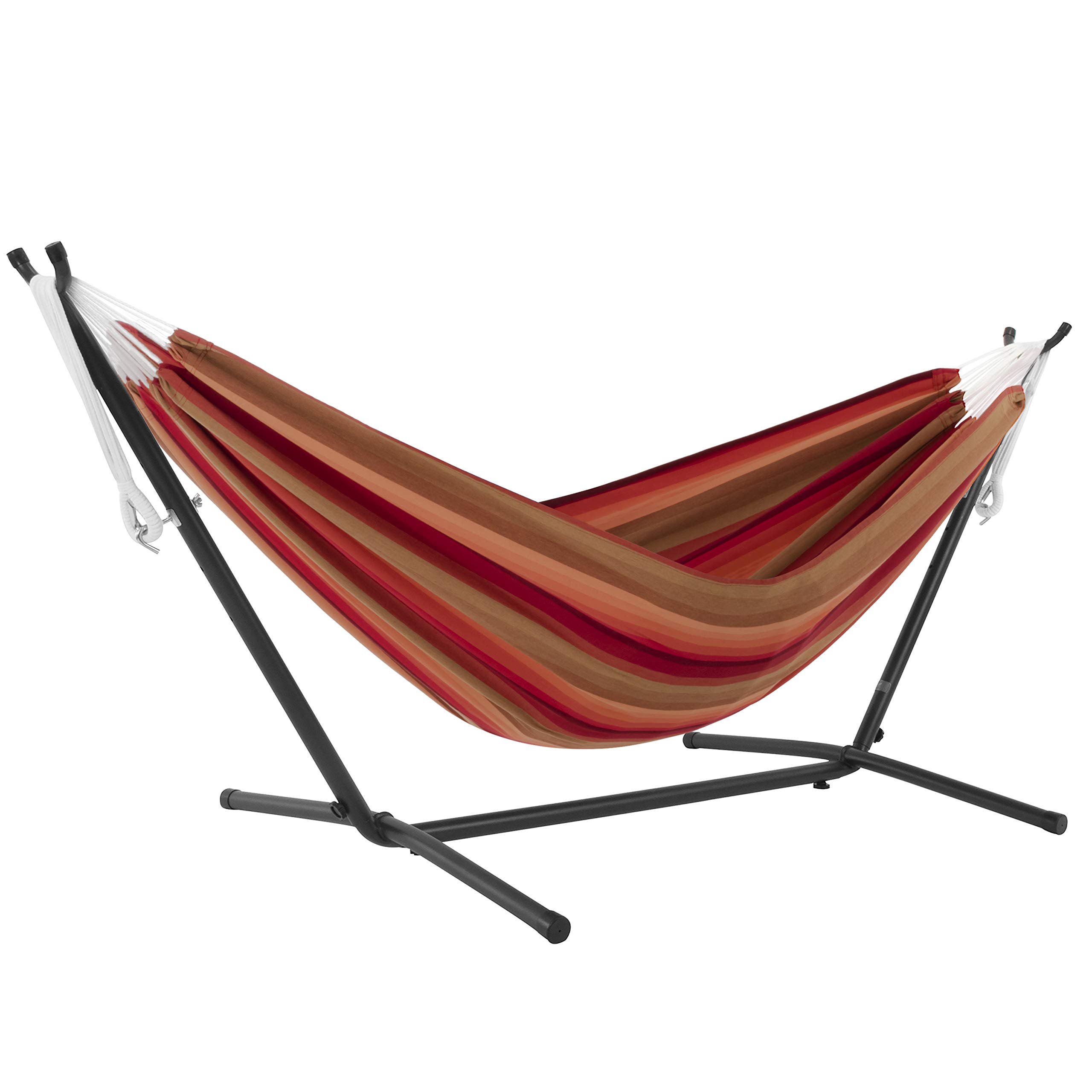 Vivere Double Sunbrella Hammock with Space-Saving Steel Stand - 450 lb Weight Capacity - Premium Carry Bag Included (Sunset) - Perfect for Backyard Relaxation, Camping & Beach Vacations