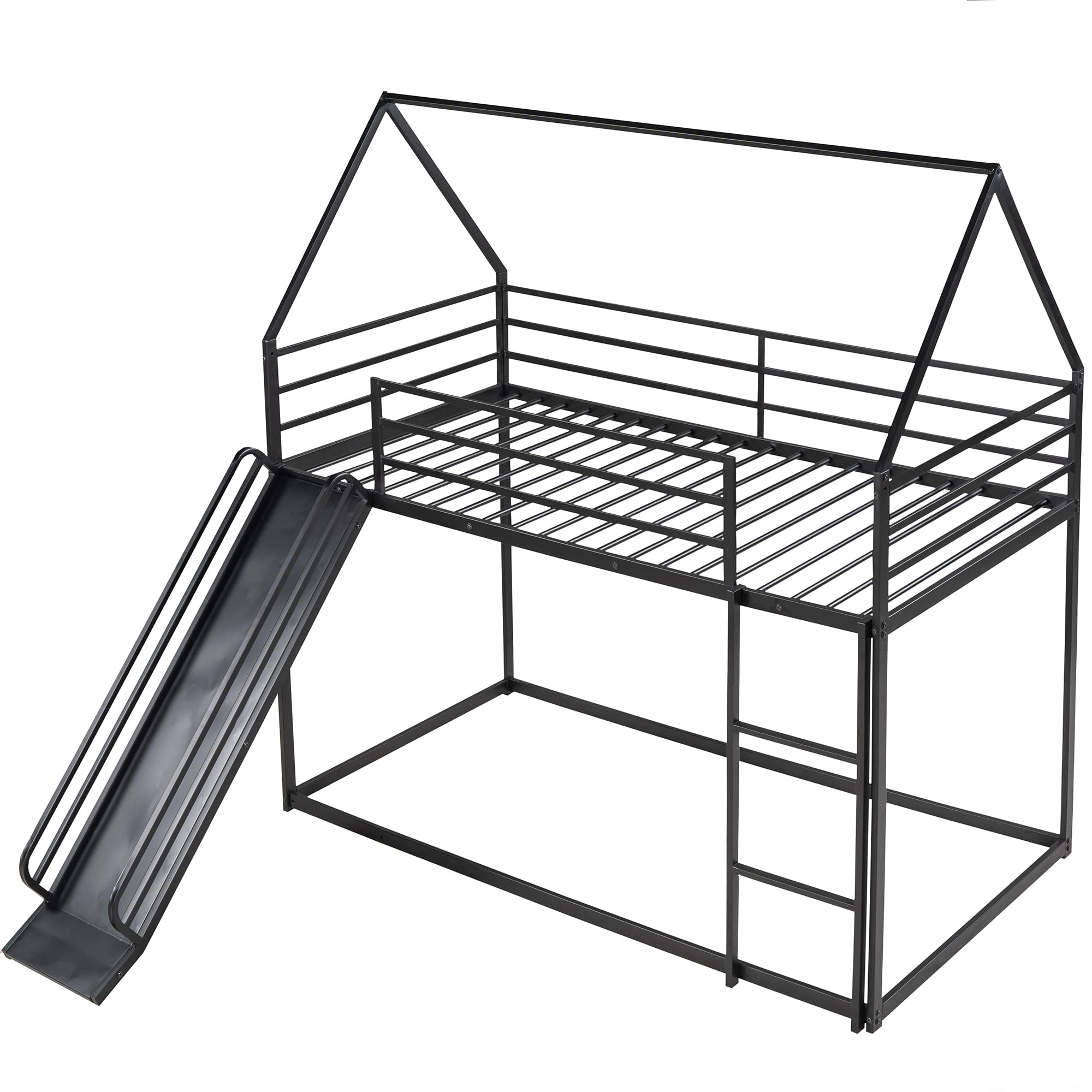 Metal Twin Over Twin Bunk Beds with Slide - Low Profile Kids Bunk Bed for Boys & Girls - Sturdy Black House Frame - Perfect for Small Bedrooms, Playrooms & Sleepovers