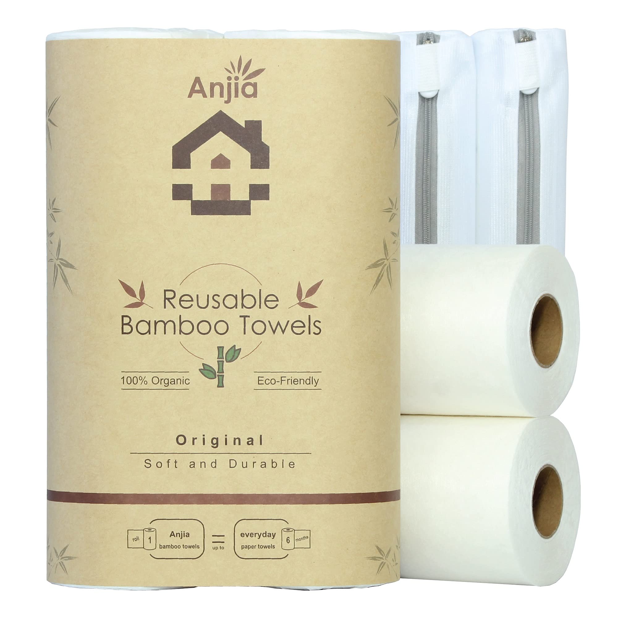 Anjia Original Reusable Bamboo Towels (2-Roll Set) – 100 Sheets, 2 Wash Bags Included – Eco-Friendly Kitchen Paper Towels, Facial Washcloths & Cleaning Cloths for Home, Office & Travel – Sustainable Alternative to Paper Napkins & Dish Rags