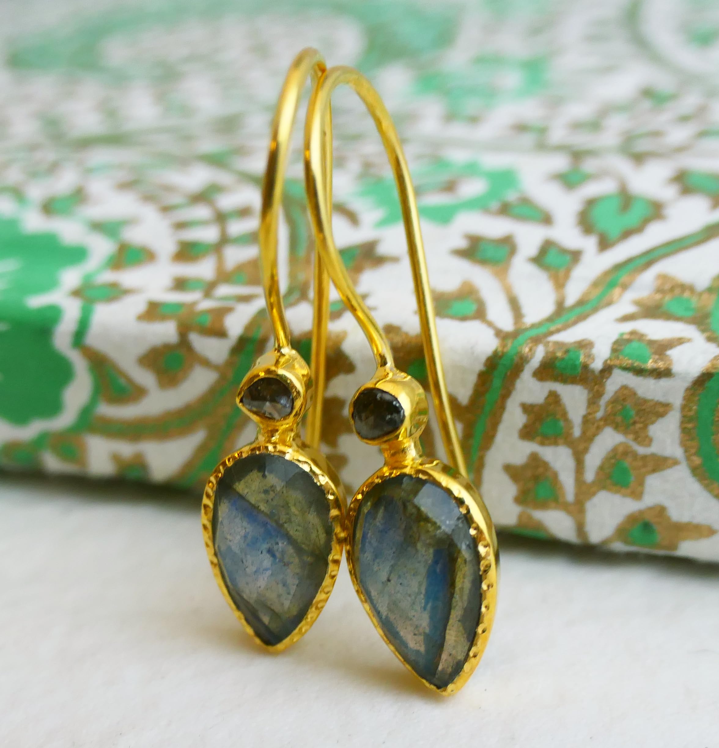 Labradorite and Diamond Gold Plated Sterling Silver Drop Earrings | Natural Gemstone Jewelry for Women | Handmade Birthday, Valentine's & Mother's Day Gift | Elegant Evening Wear & Special Occasion Accessories