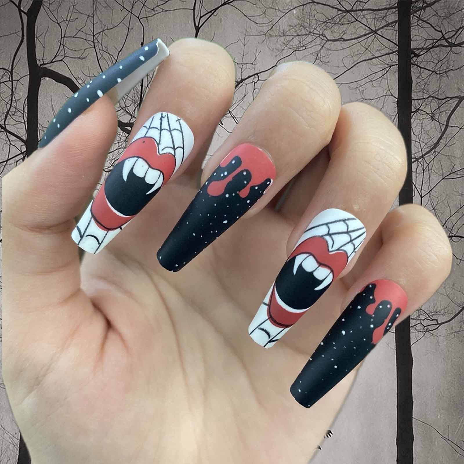 Florry Extra Long Coffin Press on Nails - Black Matte Acrylic Fake Nails for Women & Girls - 24Pcs Halloween Nail Art Set - Perfect for Parties, Costumes & Special Occasions