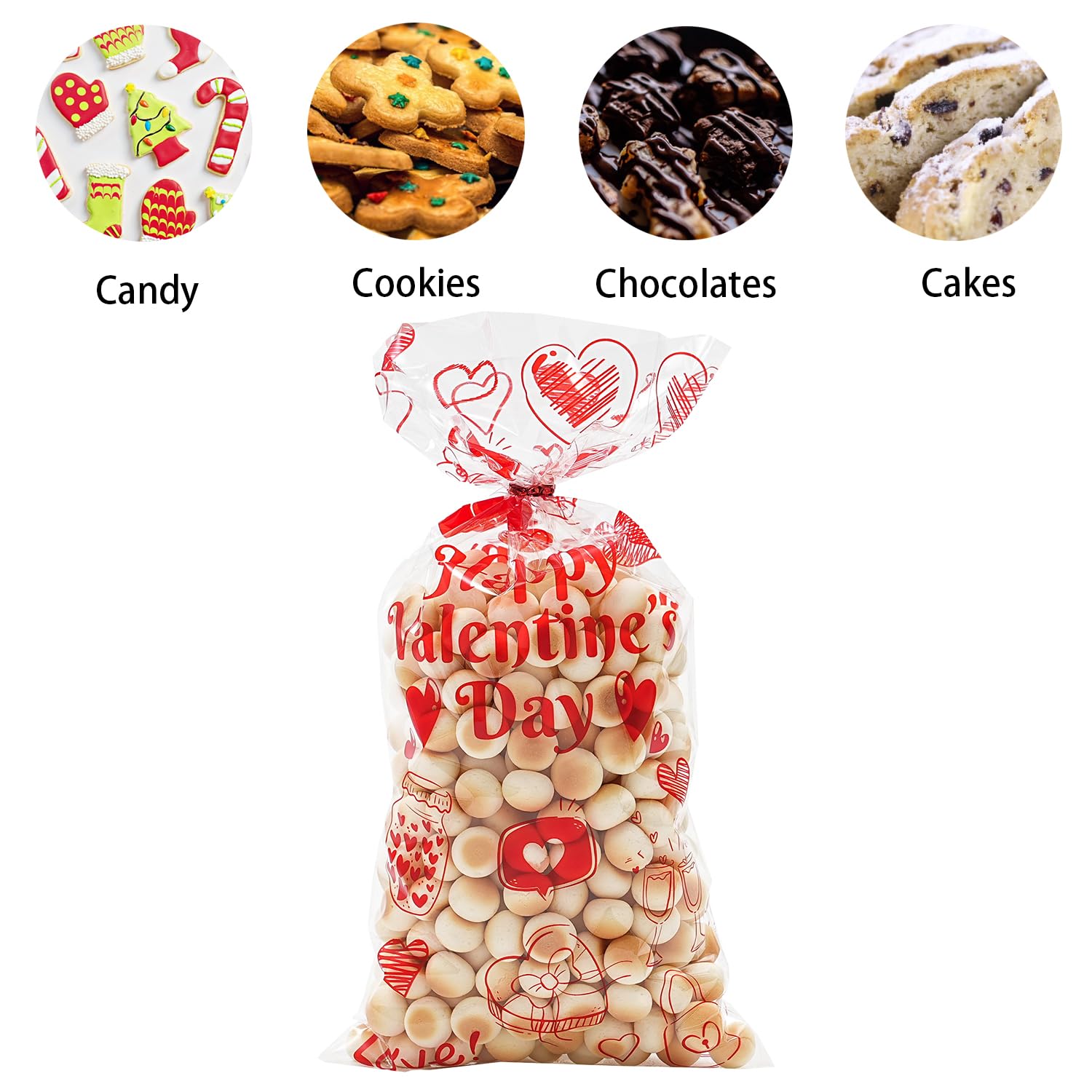 ONFAON Valentine's Day Goodie Bags - 180pcs Candy Treat Bags with 200pcs Twist Ties for Snacks, Cookies & Candy Packaging | Perfect for Classroom Parties, Kids & Coworkers | Great for Valentine's Gifts, School Events & Office Celebrations