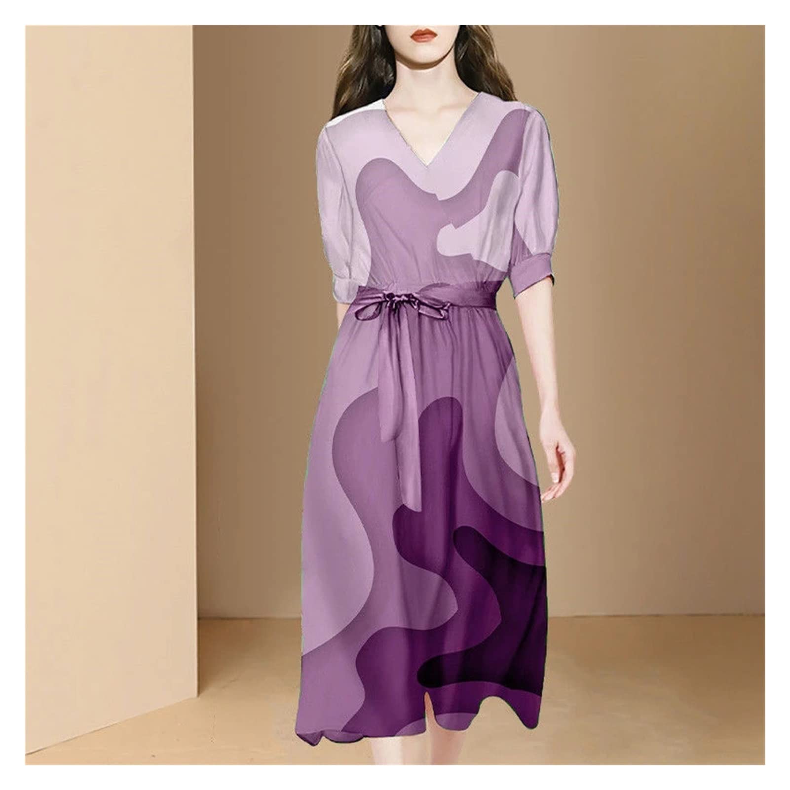 Elegant Summer Print Short Sleeve Women's Vintage Midi Dress with V-Neck & Waist Belt - Loose Casual Flowy Dress (Color: Blue, Size: XXL) | Perfect for Beach Vacations, Date Nights & Summer Parties