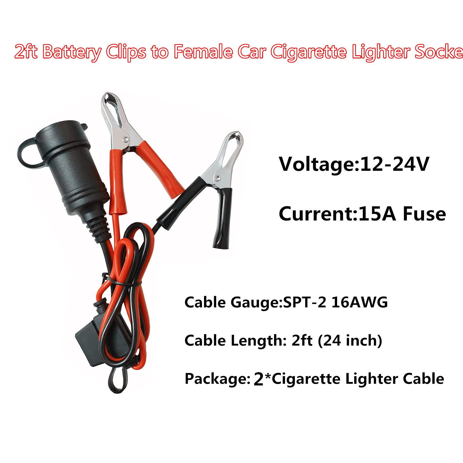 12V-24V Battery Alligator Clips to Cigarette Lighter Socket Adapter - 2ft Extension Cable with 15A Fuse (2 Pack) for Car Charging, Powering Devices, and Emergency Jump Start