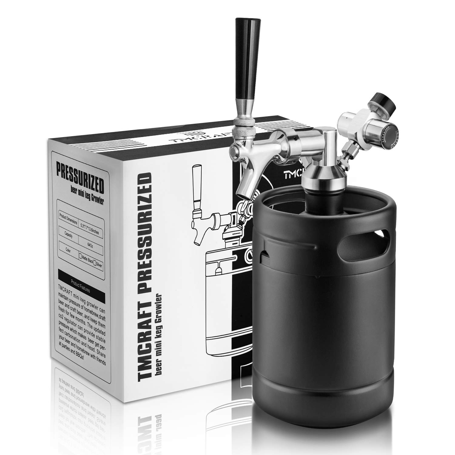 TMCRAFT 64oz Stainless Steel Pressurized Growler Tap System with Cooler Jacket - Portable Mini Keg Dispenser for Homebrew, Craft Beer & Draft - Keeps Beverages Fresh & Carbonated - Perfect for Parties, Camping & Home Bars (Matte Black)