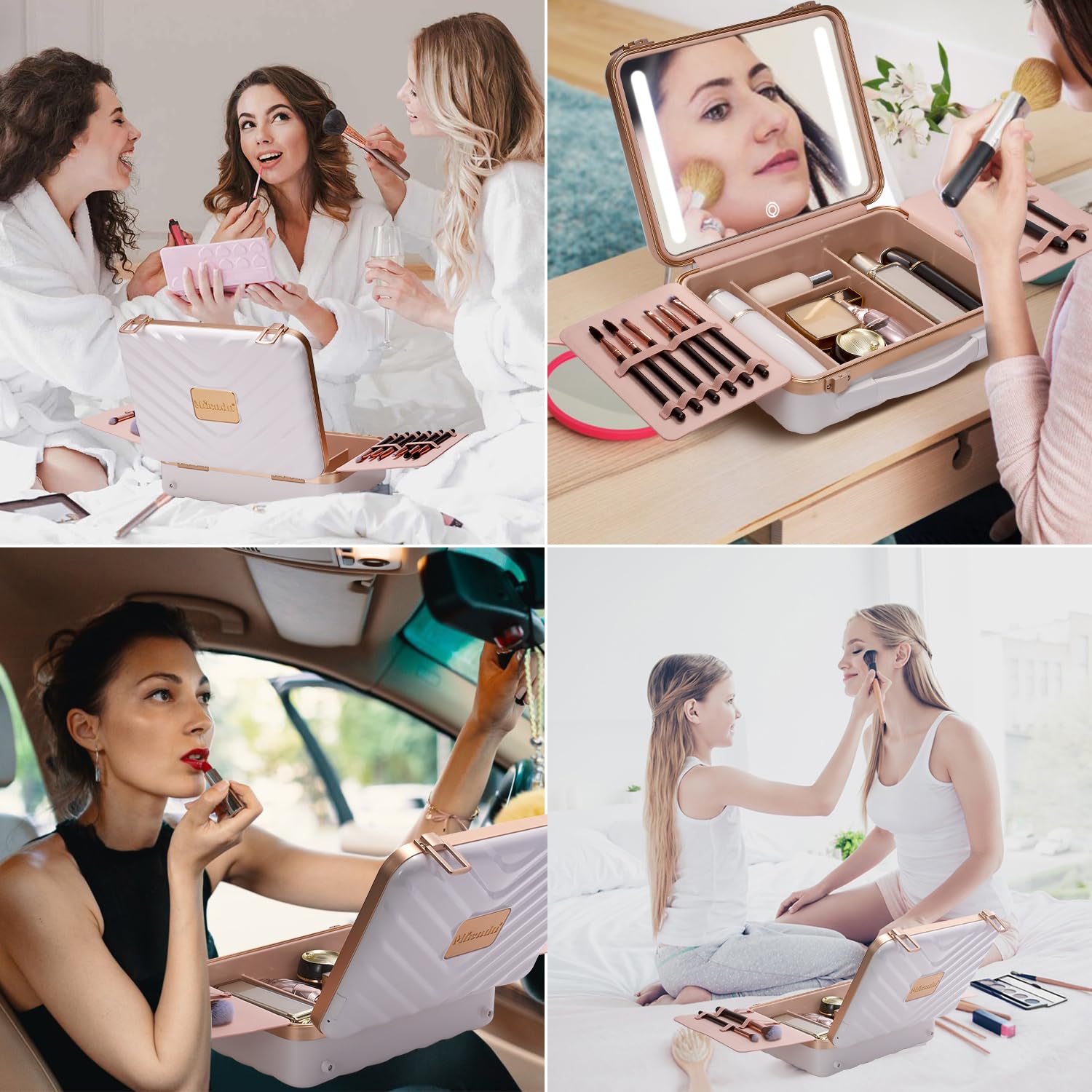 Premium Mocado Travel Makeup Case with LED Lighted Mirror & 8 Brushes - Adjustable Brightness Cosmetic Organizer with 10x Magnifying Mirror & Brush Divider (White) - Perfect for Travel, Home Vanity & Professional Makeup Artists