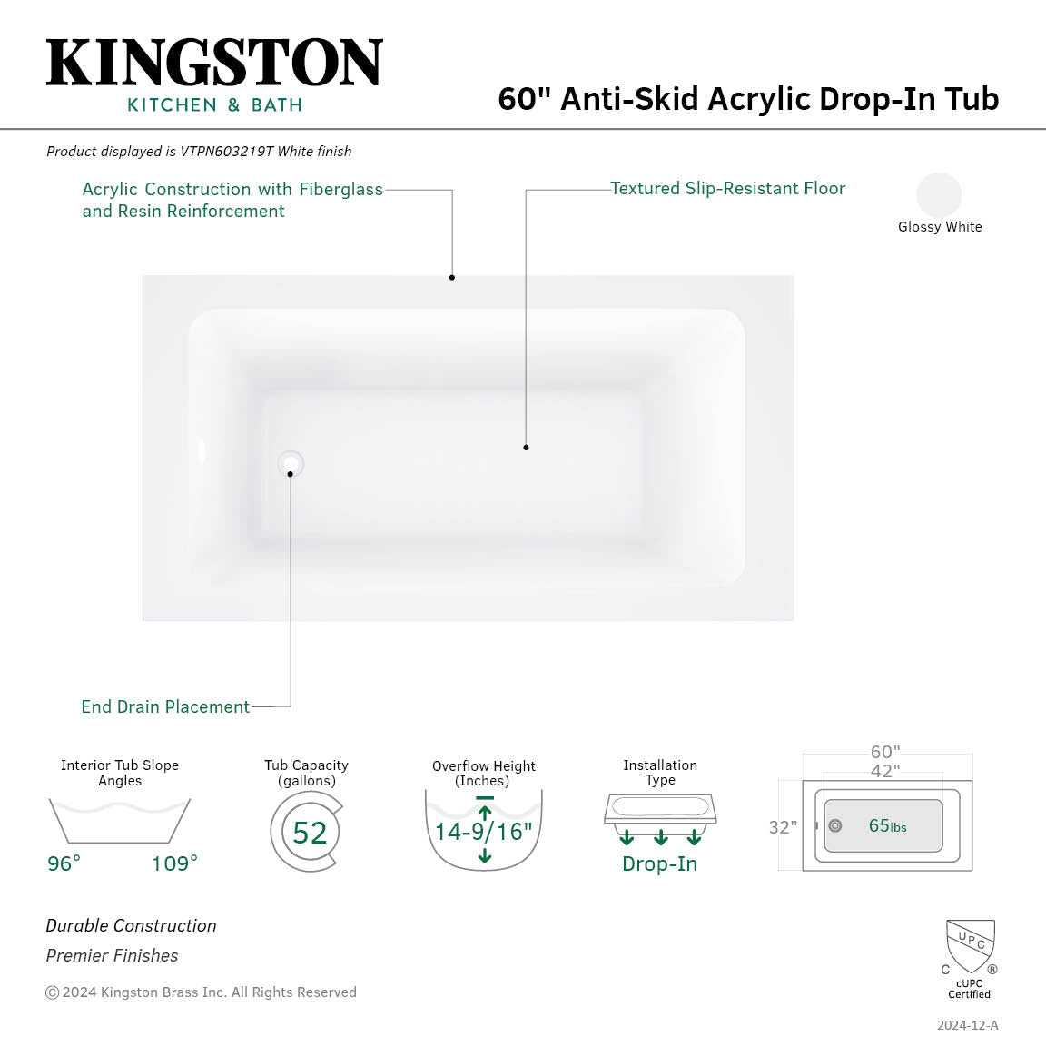 Aqua Eden 60 Inch Acrylic Rectangular Drop-In Bathtub with Anti-Skid Surface - Glossy White - Perfect for Modern Bathroom Renovation & Spa-Like Relaxation