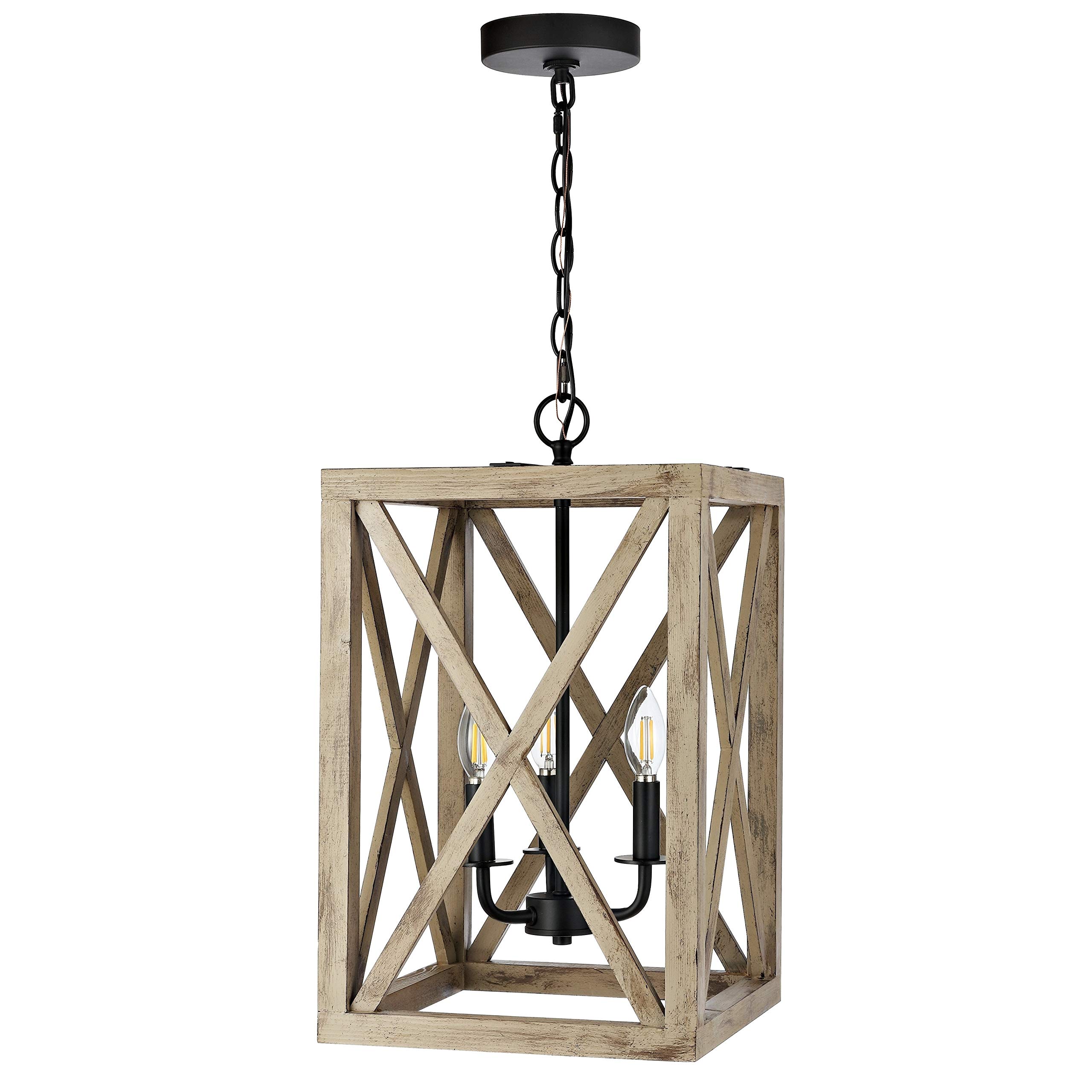 Farmhouse Pendant Light - Black Iron & Wood Chandelier with Bulbs Included - Perfect for Kitchen Island, Dining Room, or Entryway Lighting