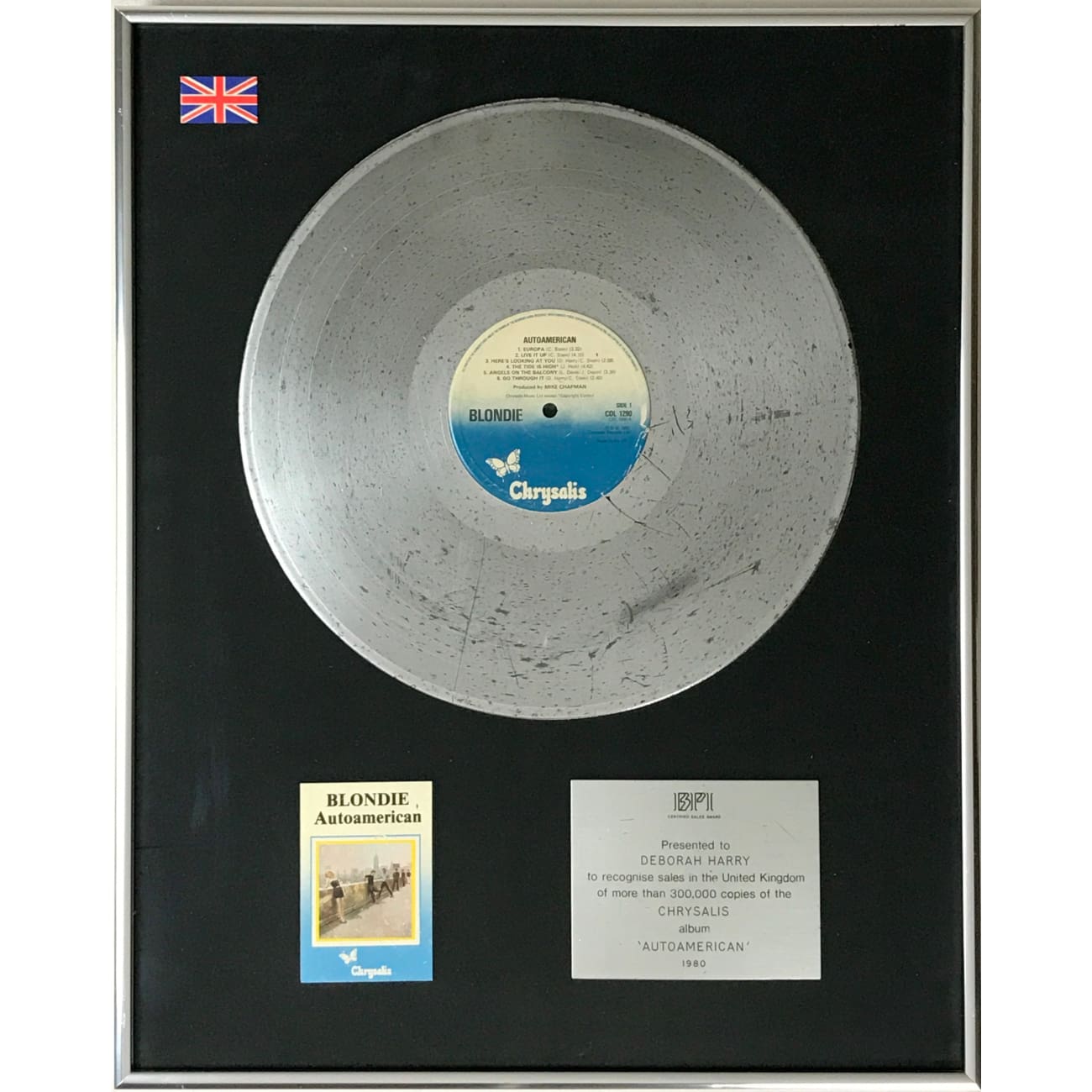 Rare 1980 BPI Platinum LP Award Presented to Deborah Harry - Blondie Autoamerican Vinyl Record | Collectible Music Memorabilia for Fans & Vintage Enthusiasts | Perfect for Display in Home, Office, or Music Studio