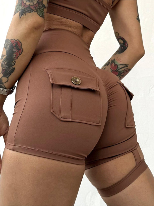ZASUWA Women's High Waist Scrunch Butt Lifting Workout Shorts with Cut Out Design & Cargo Pockets - Gym, Running, Yoga & Summer Fashion