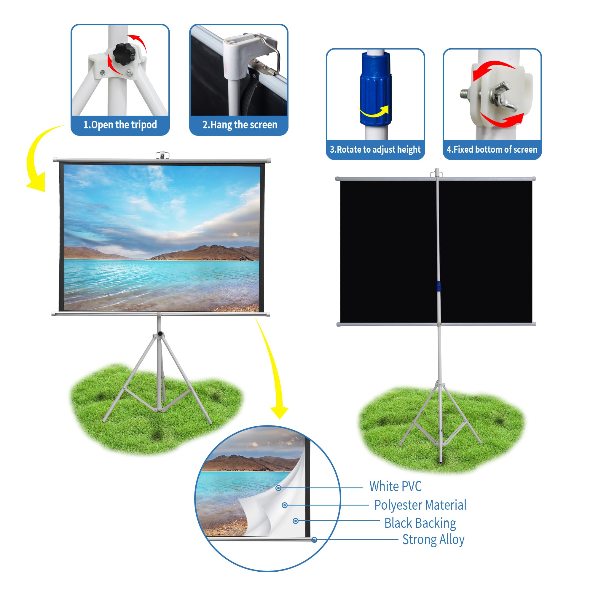 60 Inch Portable Projector Screen with Stand & Carry Bag - 4:3 Aspect Ratio, Lightweight Foldable Design for Home Theater & Outdoor Movies - Easy Setup Indoor/Outdoor Projection Screen (60