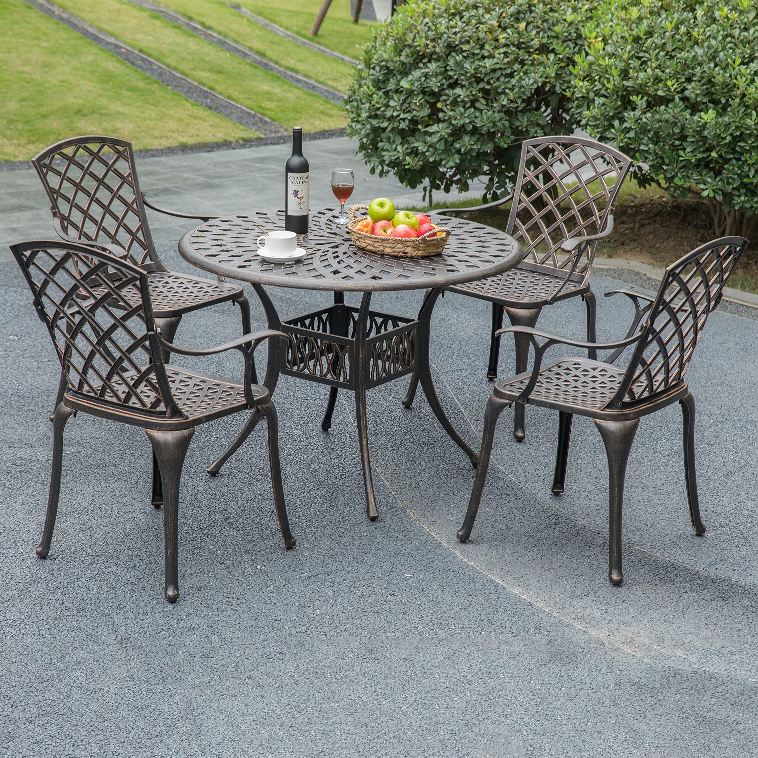Gardenised Patio Bistro Chairs Set of 2 - Indoor & Outdoor Cast Aluminum Dining Chairs with Armrests in Bronze Finish | Perfect for Backyard, Garden, Cafe, and Restaurant Seating