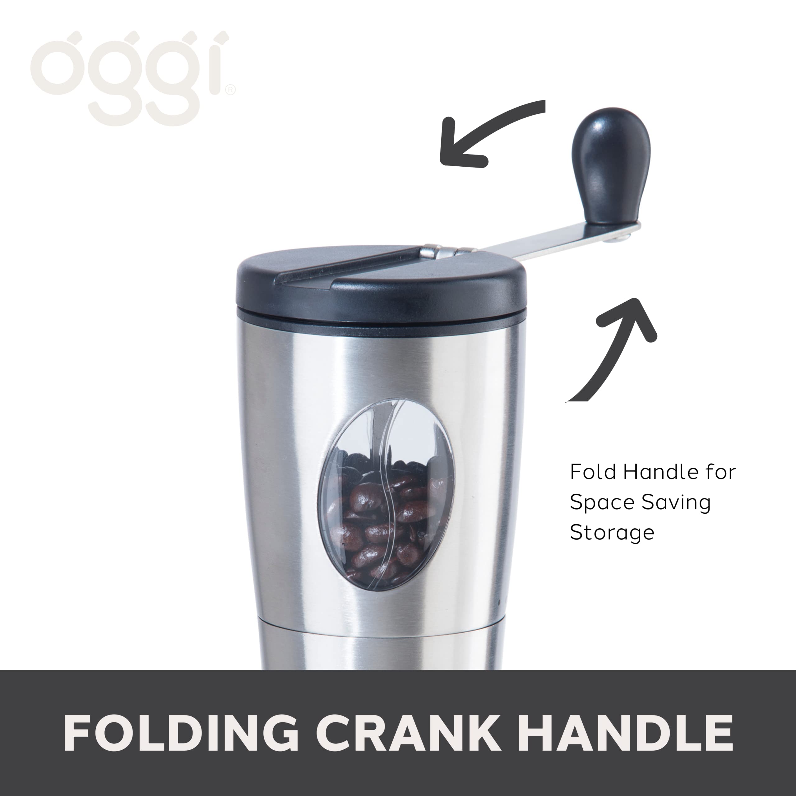 Premium Oggi Manual Coffee Grinder - Stainless Steel Burr Mill with Flip-Over Handle for Compact Storage - Perfect for Home, Office & Travel Coffee Brewing