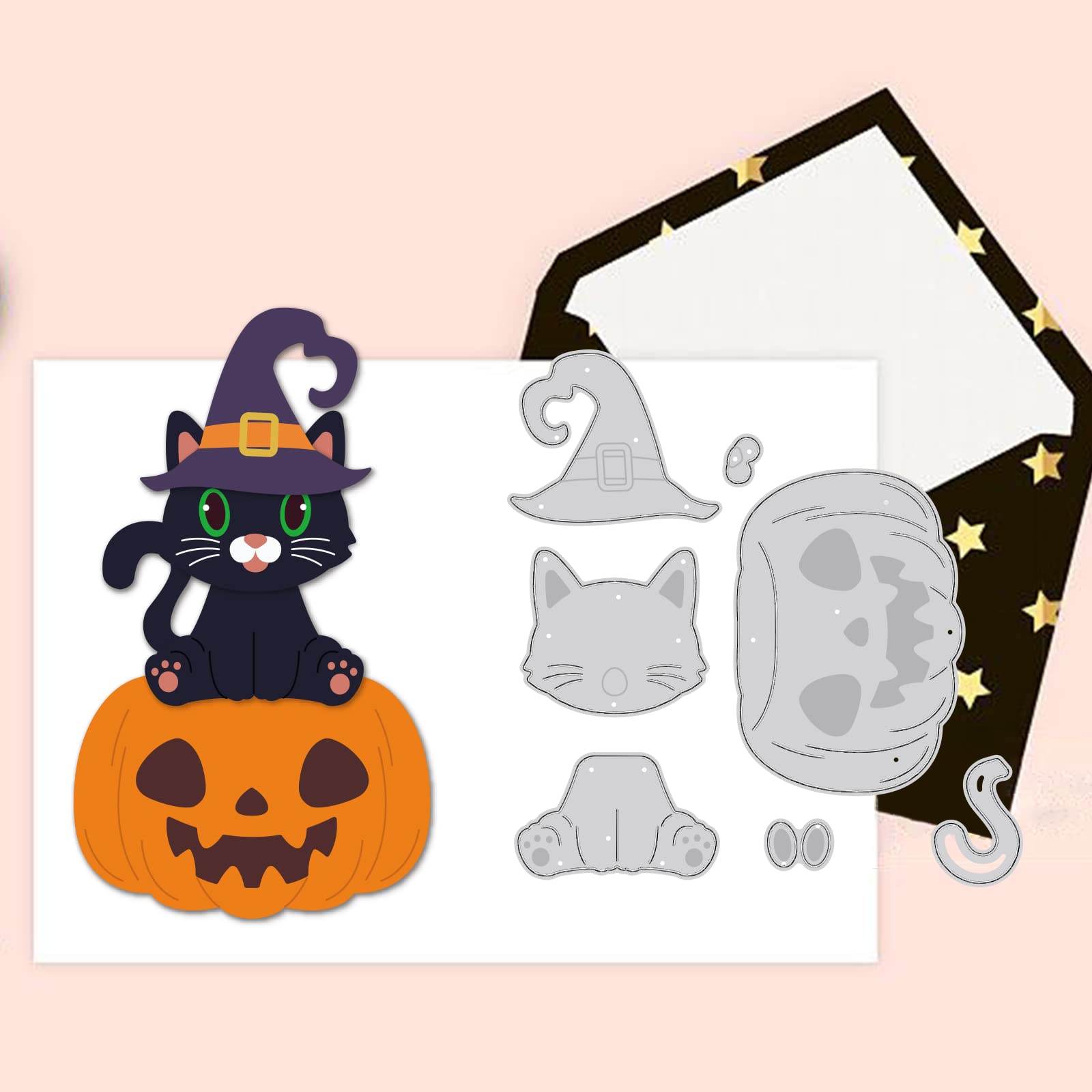 BENECREAT 4.2x4.2 Inch Halloween Cutting Dies Set - Pumpkin Cat Pattern Embossing Dies for DIY Scrapbooking, Card Making & Craft Projects | Perfect for Halloween Party Favors, Home Decor & Gift Wrapping (0.8mm Thick)