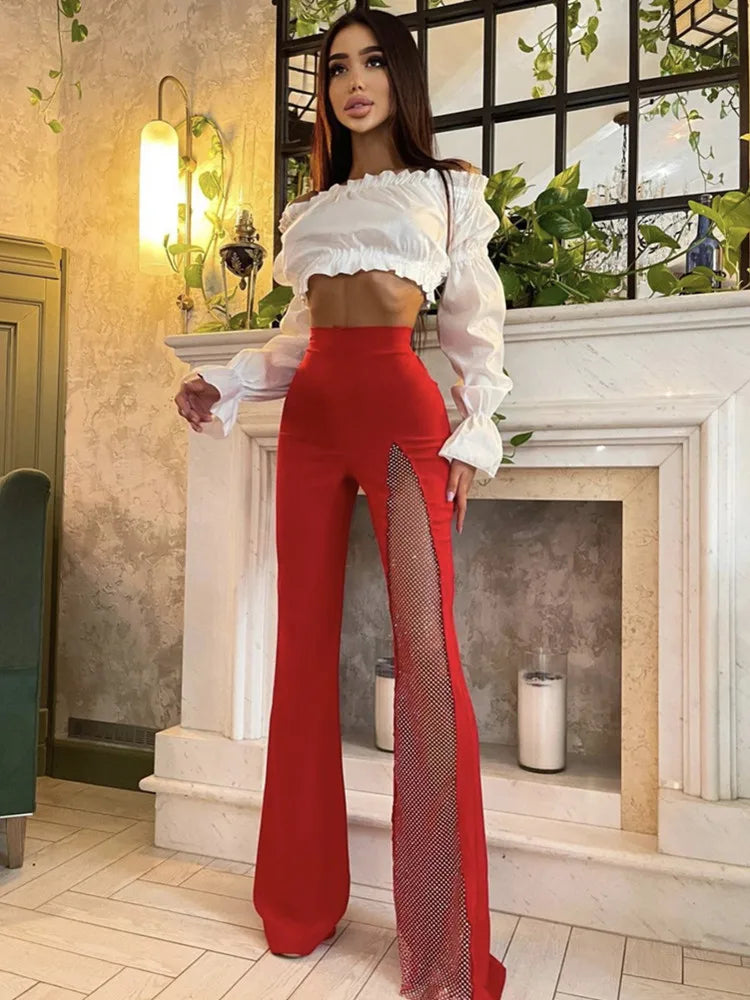 Black Red White Rayon Bandage Wide Leg Pants for Women - Sexy High Waist Summer Fashion Pants with Diamond Keyhole Design - Perfect for Beach, Party & Celebrity Style Outfits
