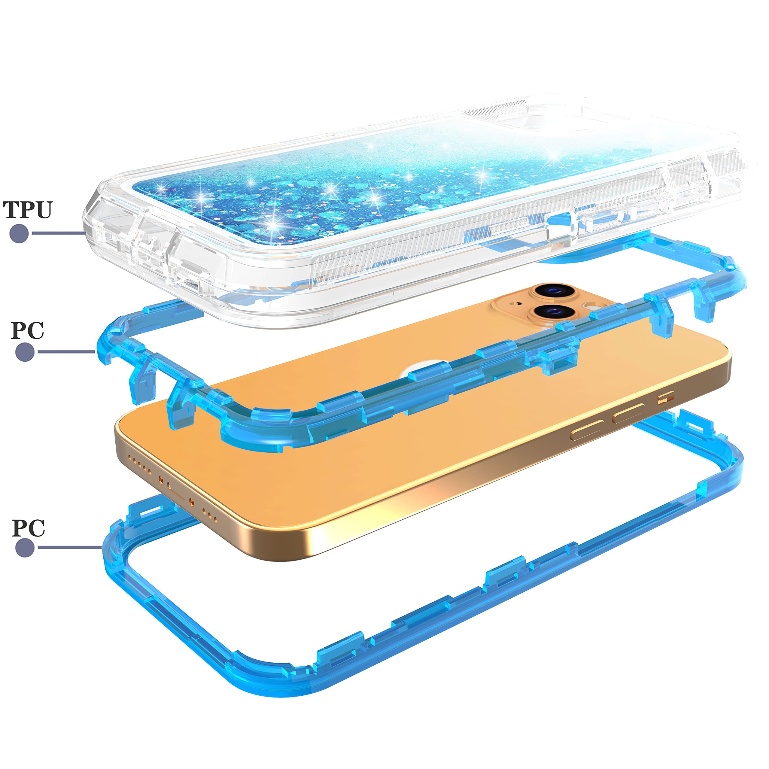 Premium Shockproof Hybrid Quicksand Glitter Case for iPhone 13 Mini (5.4 inch) - Slim Fit Hard PC + Soft TPU Bumper Cover - Blue | Perfect for Everyday Protection & Style