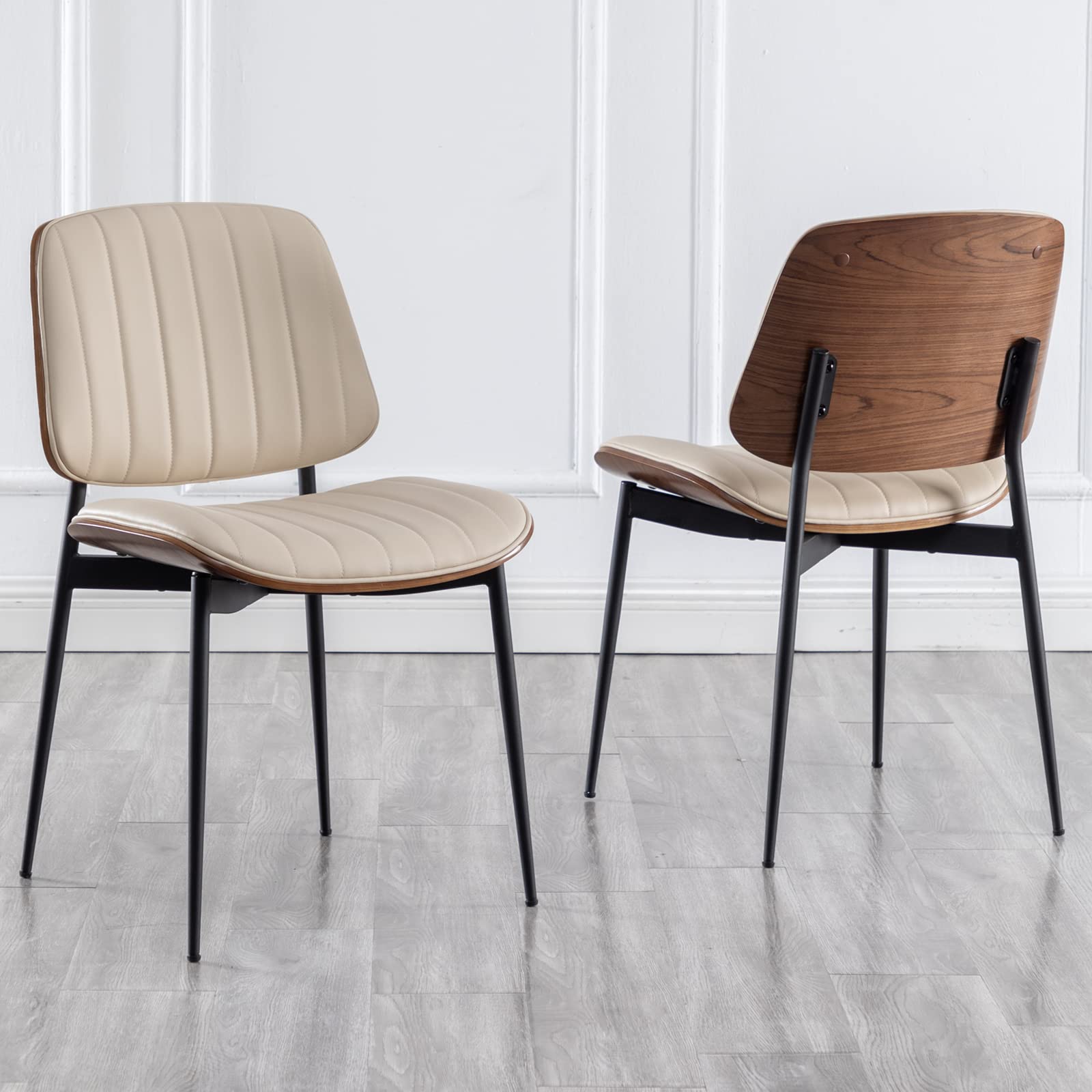 Mid Century Modern Dining Chairs Set of 2 - Retro Beige Faux Leather Upholstered Chairs with Walnut Bentwood Seat & Metal Legs - Adjustable Feet for Kitchen, Dining Room & Home Office