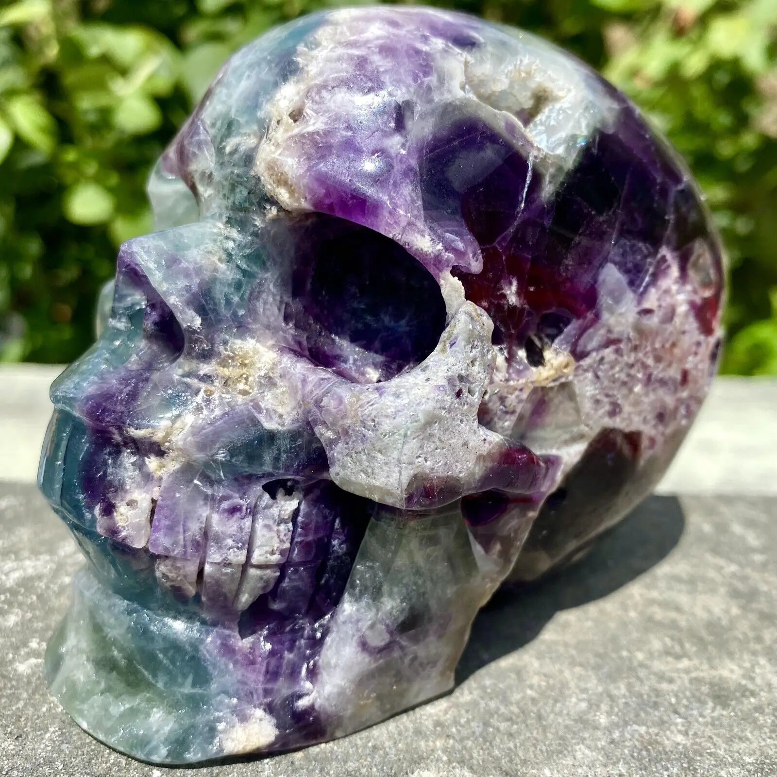 Hand Carved Natural Fluorite Skull Crystal - Healing Stone for Meditation, Reiki & Energy Work - Unique Purple & Green Quartz Decor for Home & Office