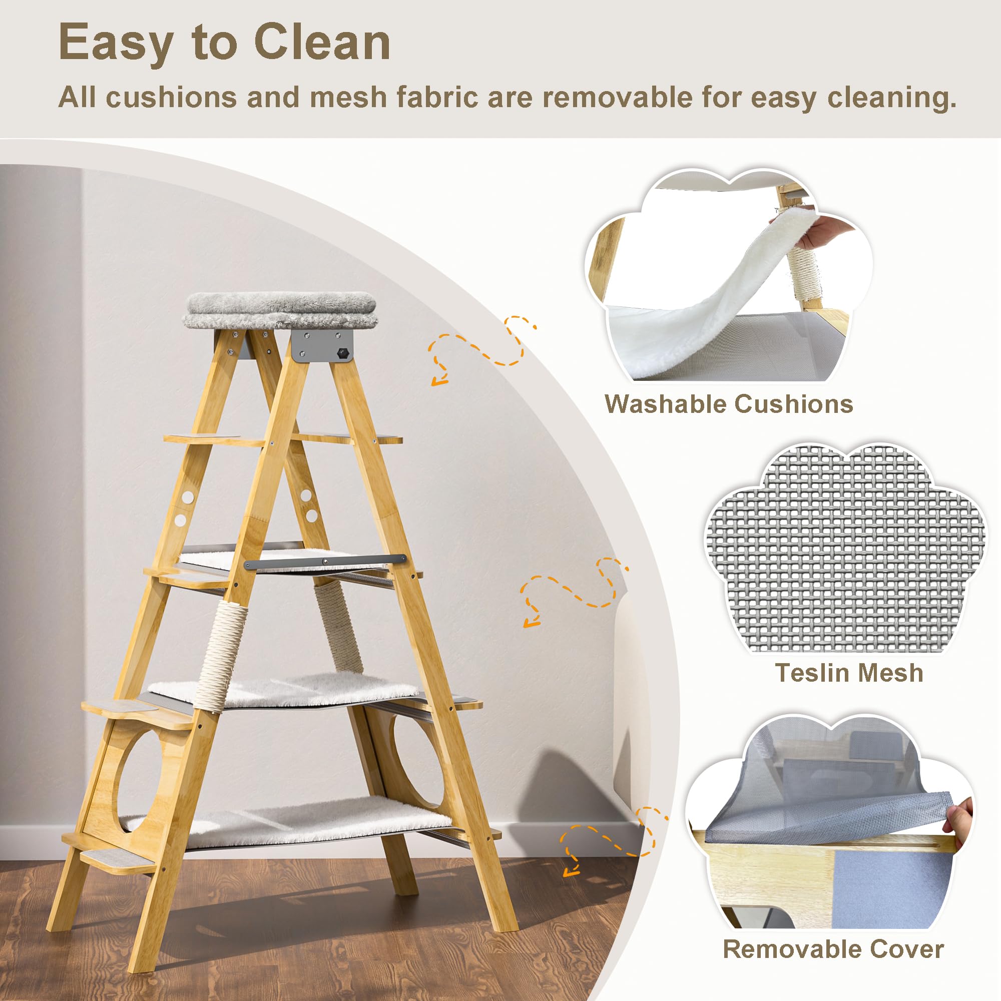 GDLF Modern Wood Cat Tree with Foldable Ladder, Hammock & Sisal Scratch Post - 60