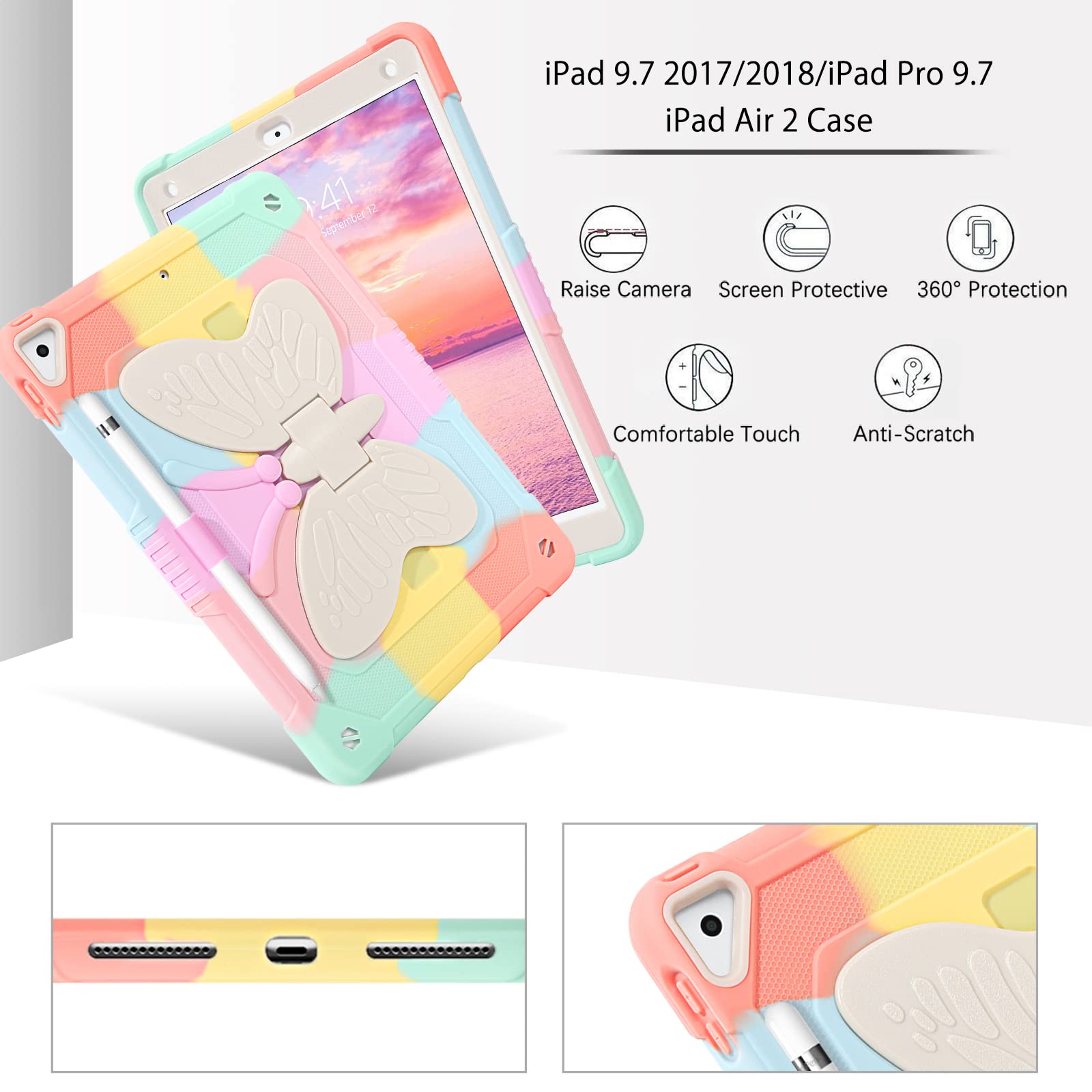 DUEDUE Shockproof Kids iPad Case for iPad Air 2/5th/6th Gen (2017/2018) & iPad Pro 9.7 - Butterfly Wings Design with Kickstand & Pencil Holder | Heavy Duty Protective Cover for School, Travel & Home Use | Rainbow Color