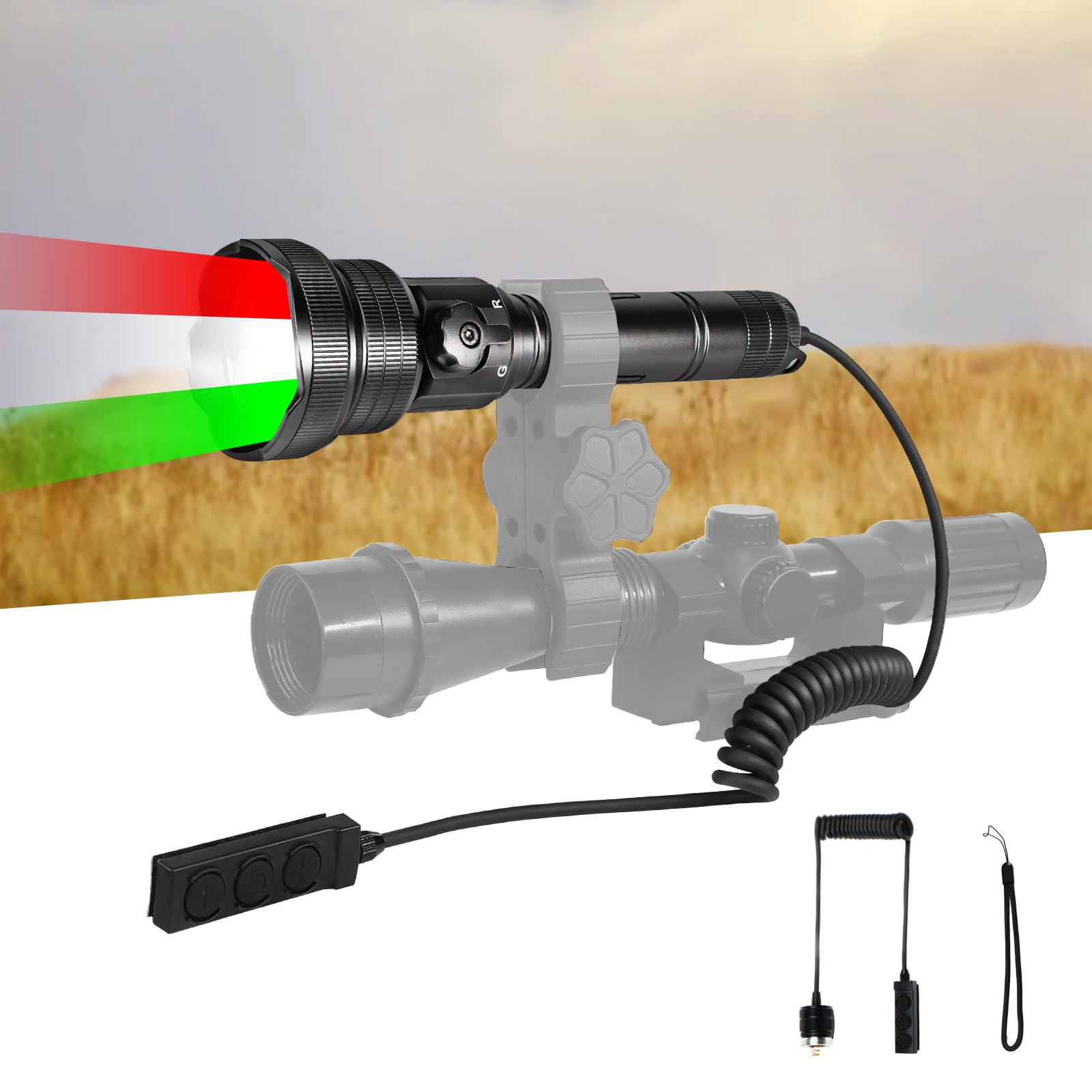 Brinyte T28 LED Hunting Flashlight - 3 Colors (Red, White, Green) Zoomable Predator Light with Remote Pressure Switch, IPX6 Waterproof for Hog, Coon & Coyote Hunting | Perfect for Night Hunting, Camping & Outdoor Adventures