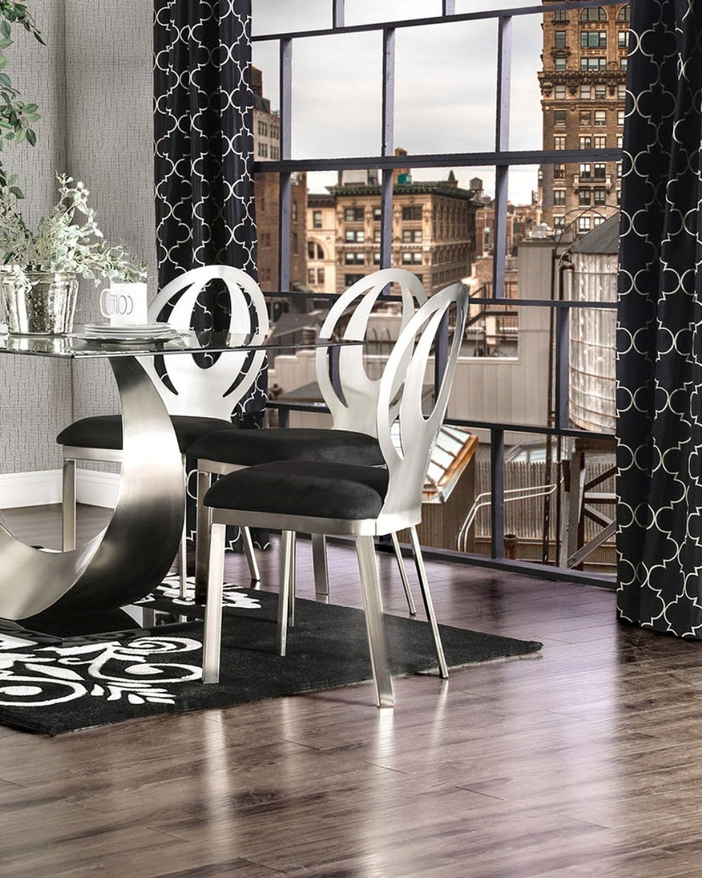 Modern Silver Metal Frame 2-Piece Dining Chairs Set with Black Microfiber Cushion & Oval Back Design - Elegant Kitchen & Dining Room Furniture for Home Decor