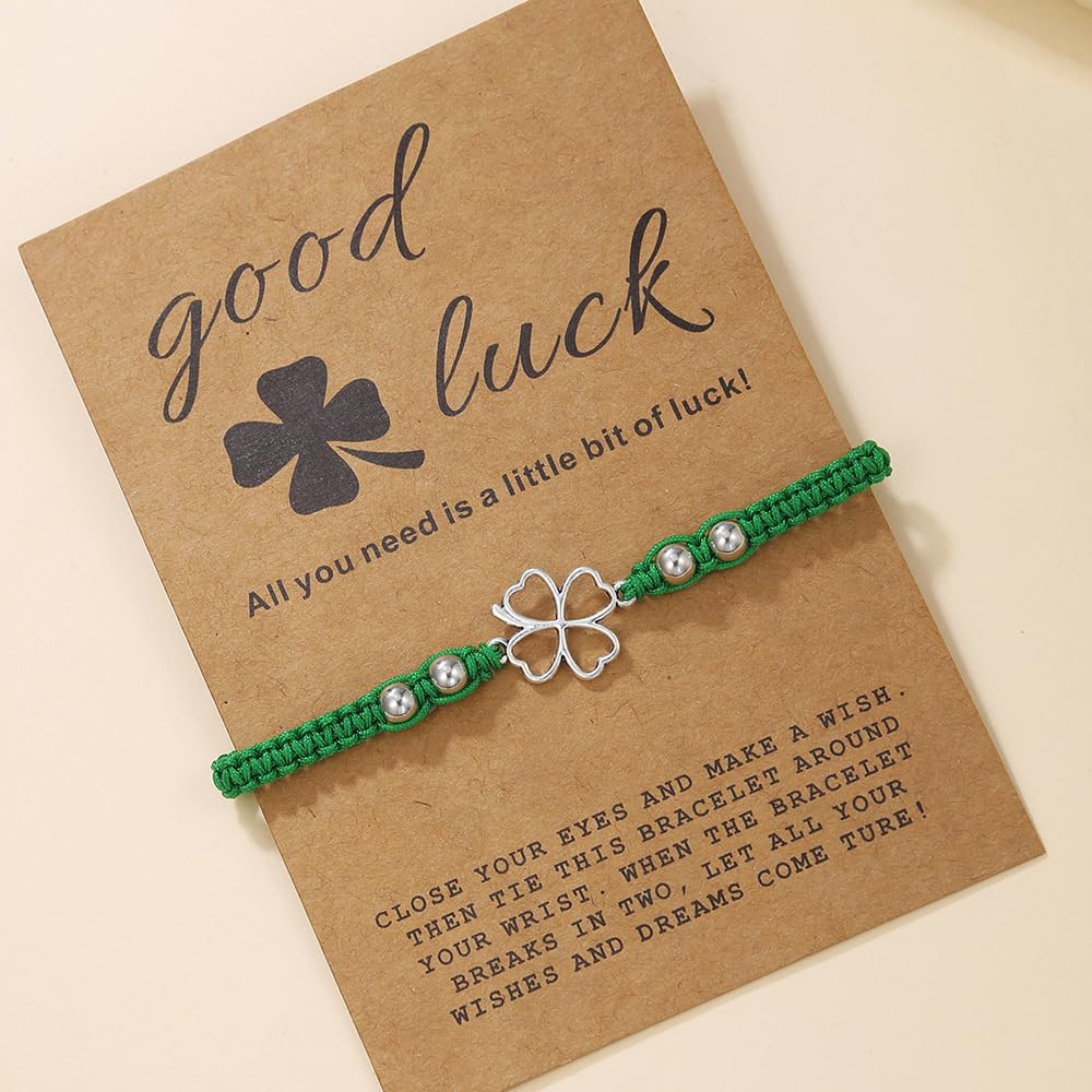 St. Patrick's Day Bracelets - Lucky Green Clover Leaf Beaded Irish Shamrock Rope Bracelet for Women & Men with Gift Card | Holiday Jewelry Gifts for Friends, Family & Coworkers | Perfect for St. Patrick's Day Parties, Parades & Irish-Themed Events