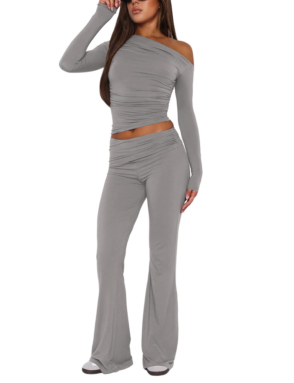 Pasgreson Women's 2-Piece Yoga Outfit - High Waist Flare Leggings & Going Out Top Set | Lounge, Workout & Y2K Fashion | Perfect for Yoga, Gym, Streetwear & Casual Wear