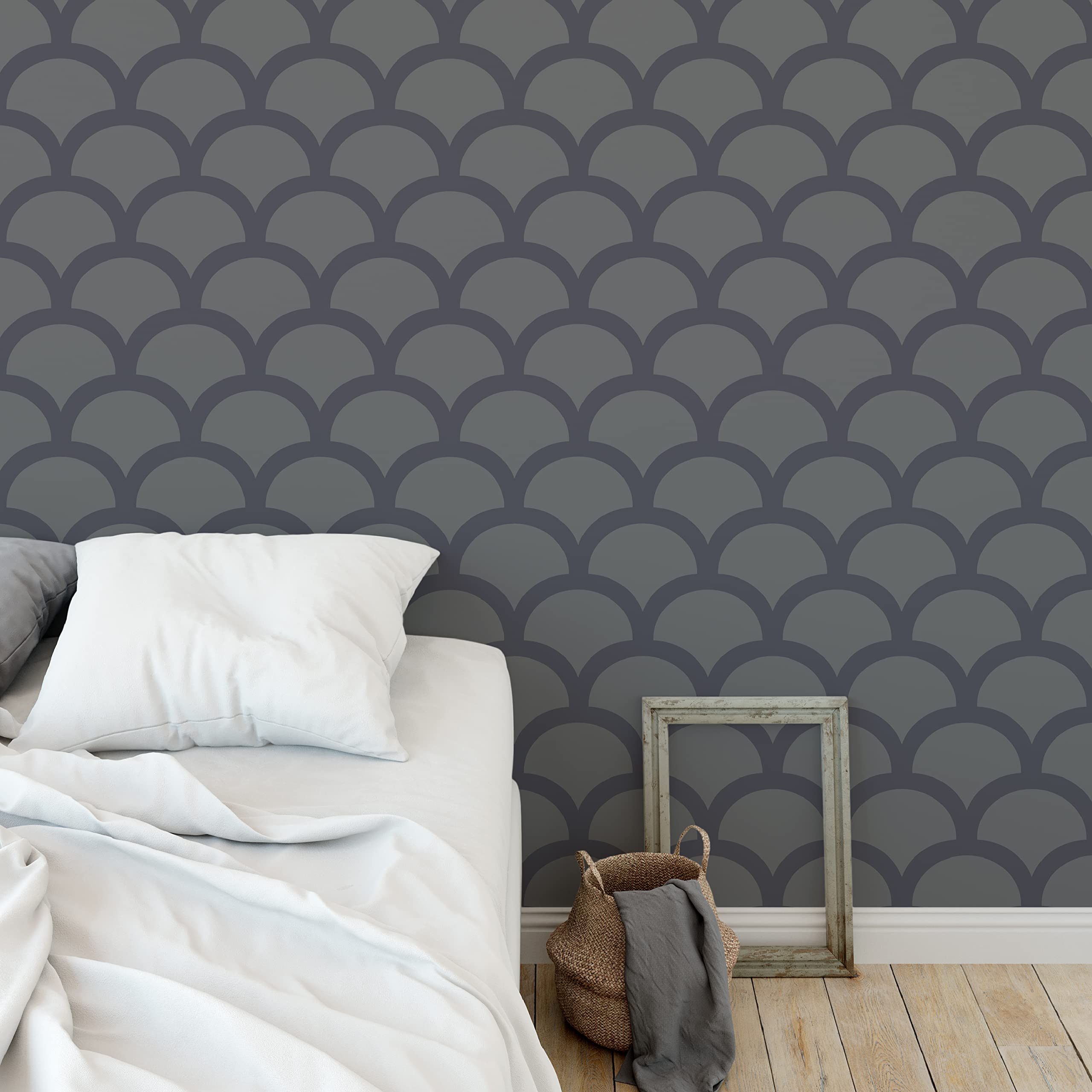 Premium Large Scallop Stencil Set - 2 Pack Mermaid Scale Stencils for Wall, Floor & Furniture Painting - Fish Scale Wall Stencil (13