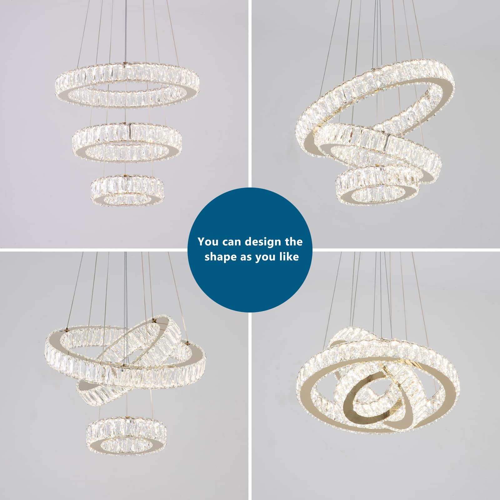 FRIXCHUR 3 Ring LED Chandelier - Modern Crystal Pendant Light Fixture with Gold Finish, 3000K Warm White Lighting for Bedroom, Dining Room, High Ceiling Foyer - Perfect for Romantic Dinners & Luxury Home Decor