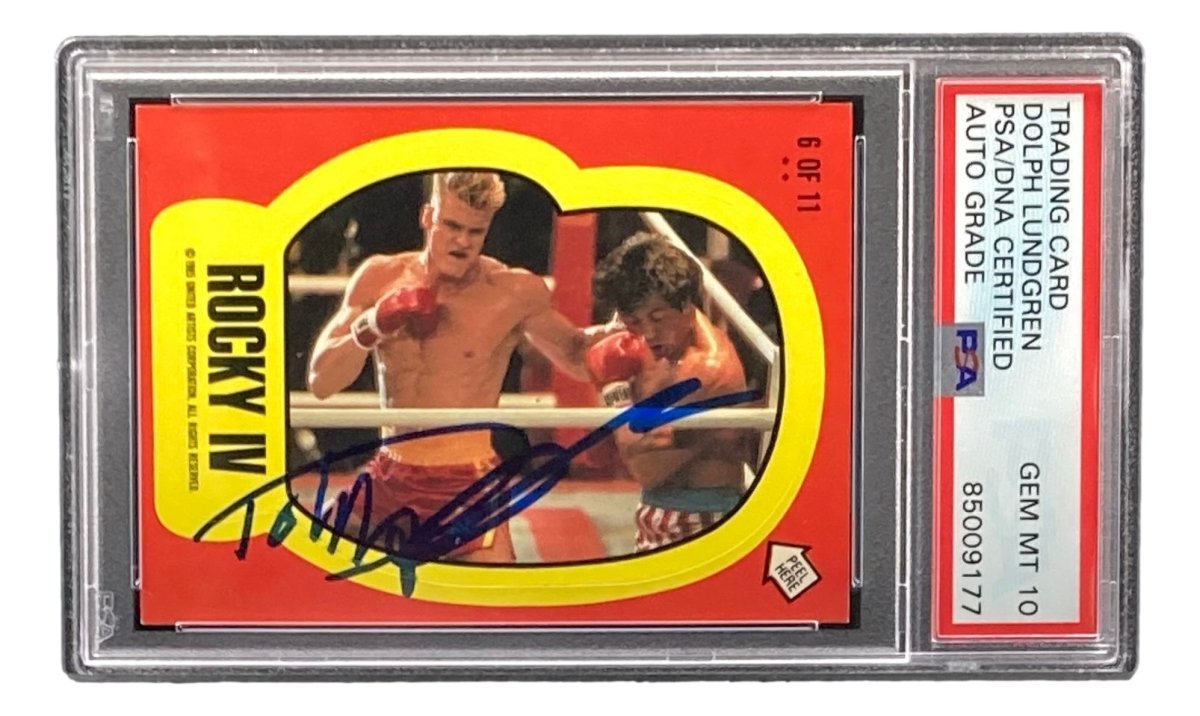 Dolph Lundgren Autographed Ivan Drago 1985 Topps #6 Sticker Card PSA/DNA Certified Gem Mint 10 - Perfect for Rocky Movie Memorabilia Collectors & Sports Card Enthusiasts