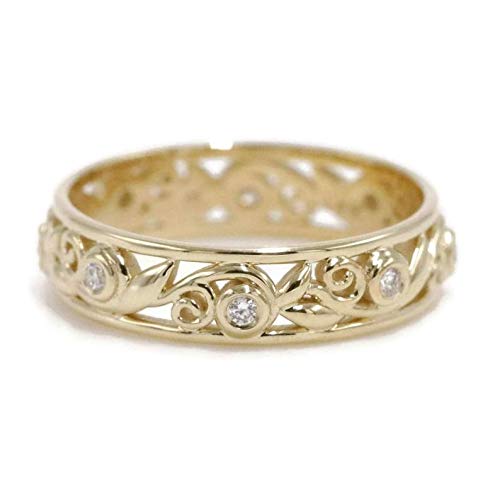 Vintage Rustic Leaf Filigree Eternity Diamond Wedding Ring - Scroll Pattern Feminine Wedding Band - Vintage Inspired Vine Leaf Design - Perfect for Engagement, Anniversary & Romantic Occasions
