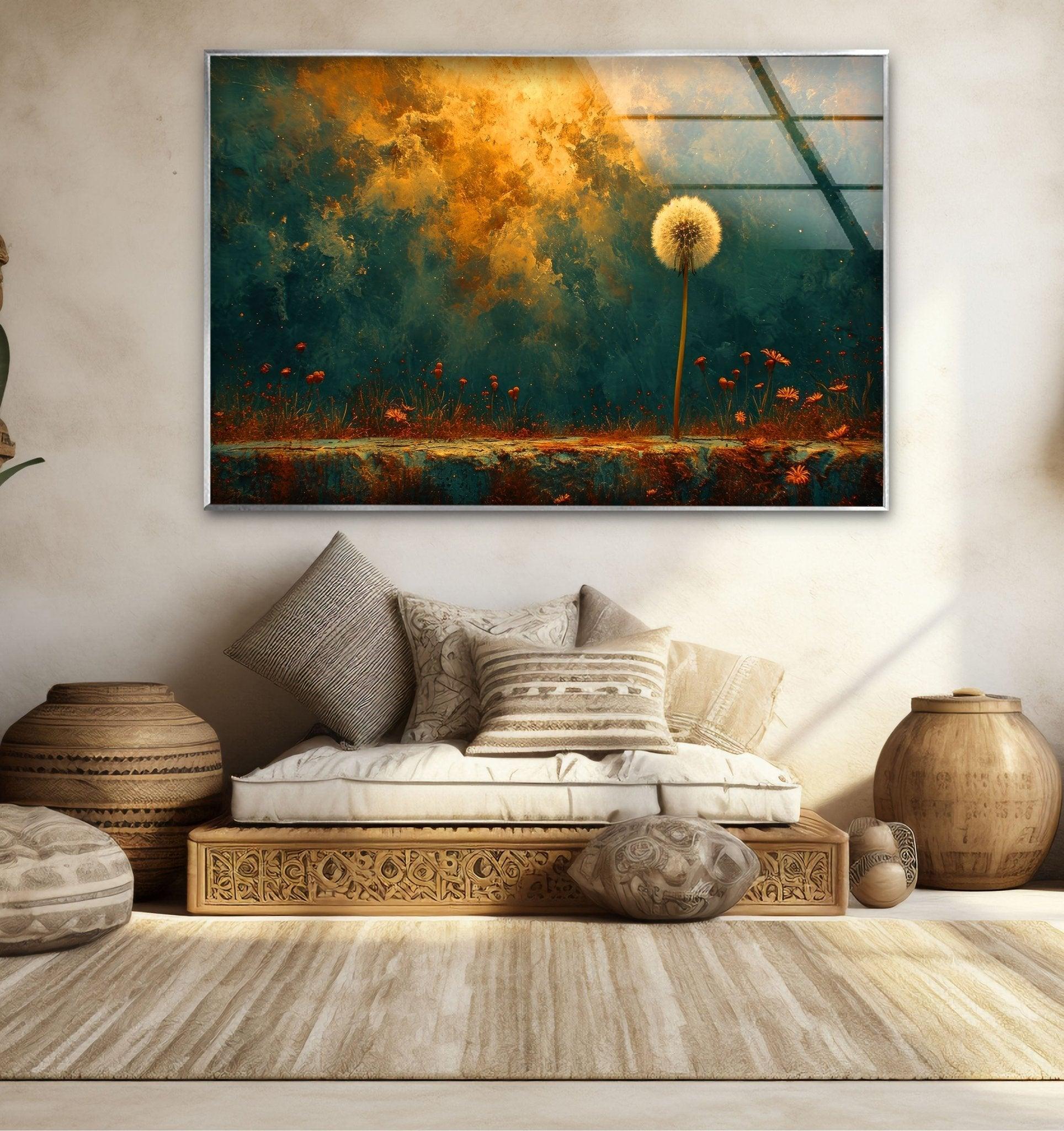 Abstract Dandelion Glass Wall Art - Handmade Modern Home Decor for Living Room, Bedroom & Office - Unique Glass Wall Hanging for Boho, Contemporary Interior Design