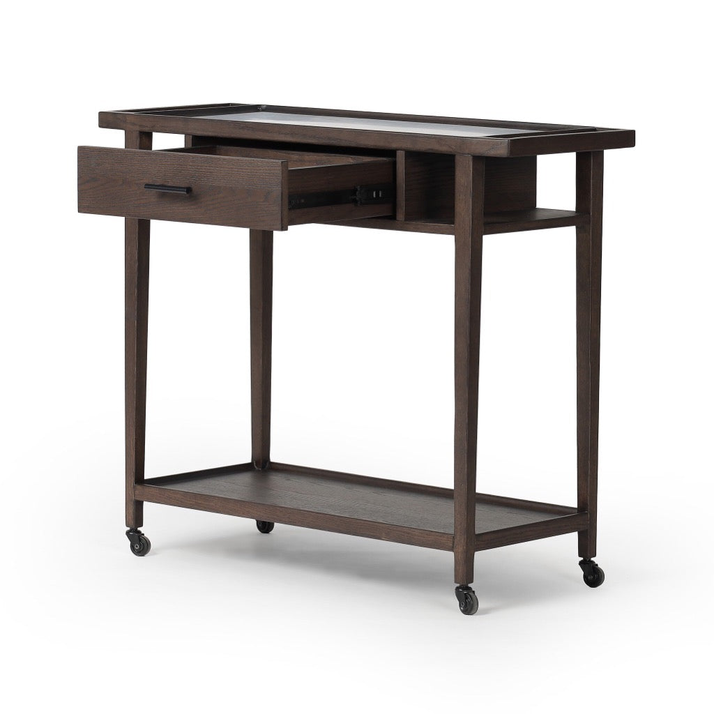 Dorrit Bar Cart - Brown Oak Rolling Serving Cart with Wheels for Home, Kitchen, Bar, and Party Use