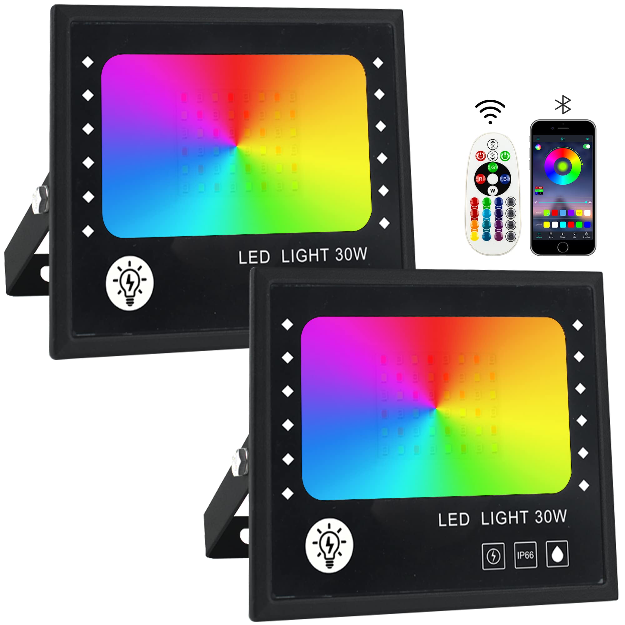 LIGHTSTARTER 2 Pack RGB LED Flood Light 300W Equivalent - Indoor/Outdoor Color Changing Stage Lights with IP66 Waterproof (30W) - Perfect for Parties, Landscape Lighting, and Events
