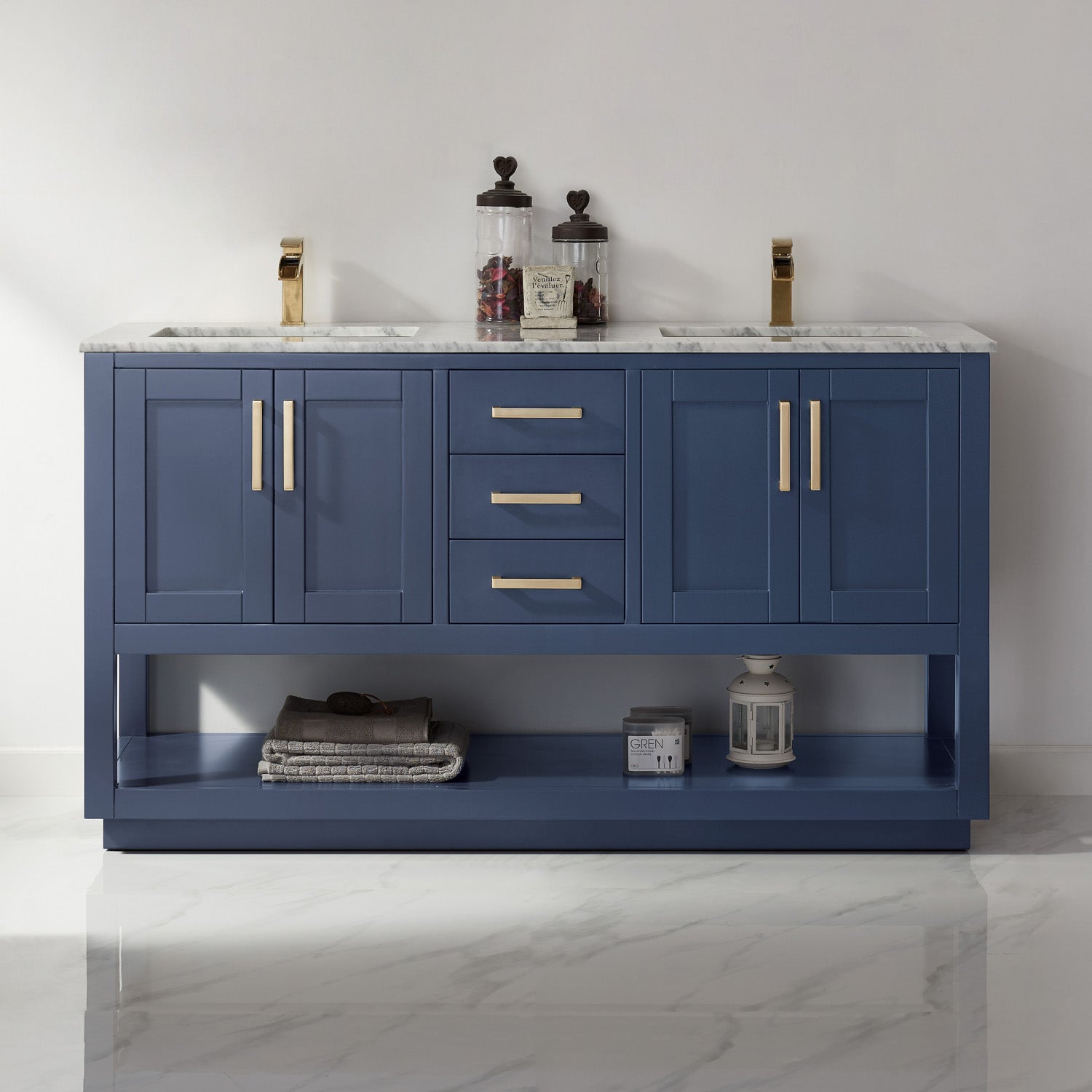 Remi 60 Inch Double Bathroom Vanity Set with Marble Countertop - Modern Bathroom Furniture for Master Bath & Guest Bath Renovation