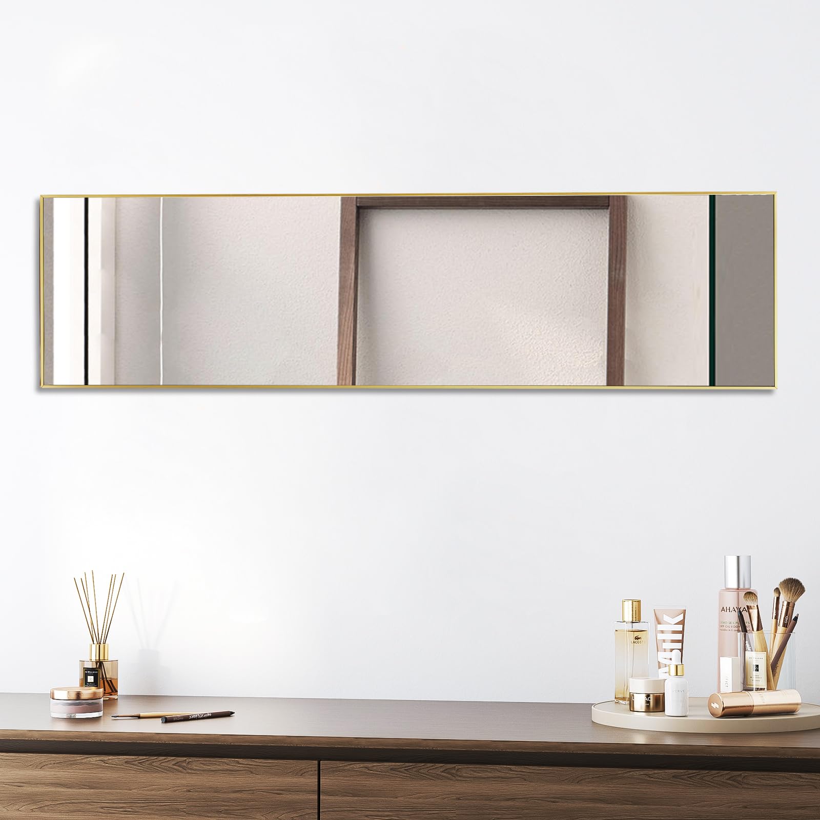 NEWBULIG Full Body Mirror 59x16 Inches - Floor Standing & Wall Hanging Mirror with Aluminum Alloy Frame for Bedroom, Living Room, Dressing Room - Gold Finish for Home Decor & Outfit Checking