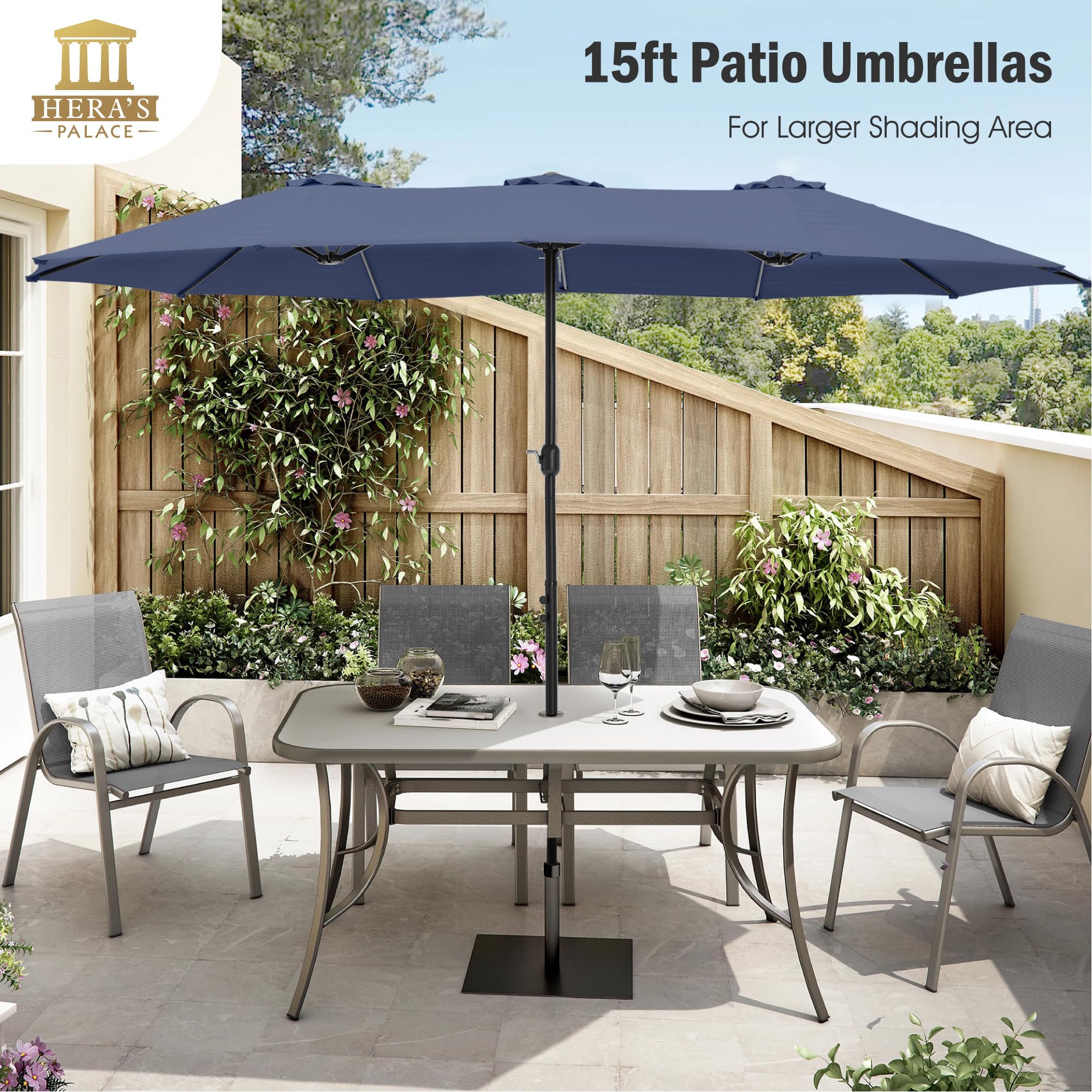 HERA'S PALACE 15ft Heavy Duty Rectangle Patio Umbrella with Base Stand - Navy Blue Outdoor Market Umbrella for Deck, Poolside, Picnic, Commercial Use & Inground Yard
