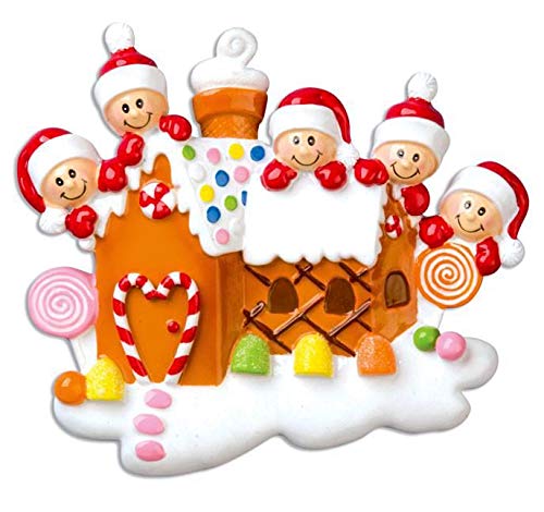 Personalized Gingerbread House Christmas Ornament - Custom Family of 5 - Handmade Holiday Decor for Tree, Gift & Festive Home Decoration