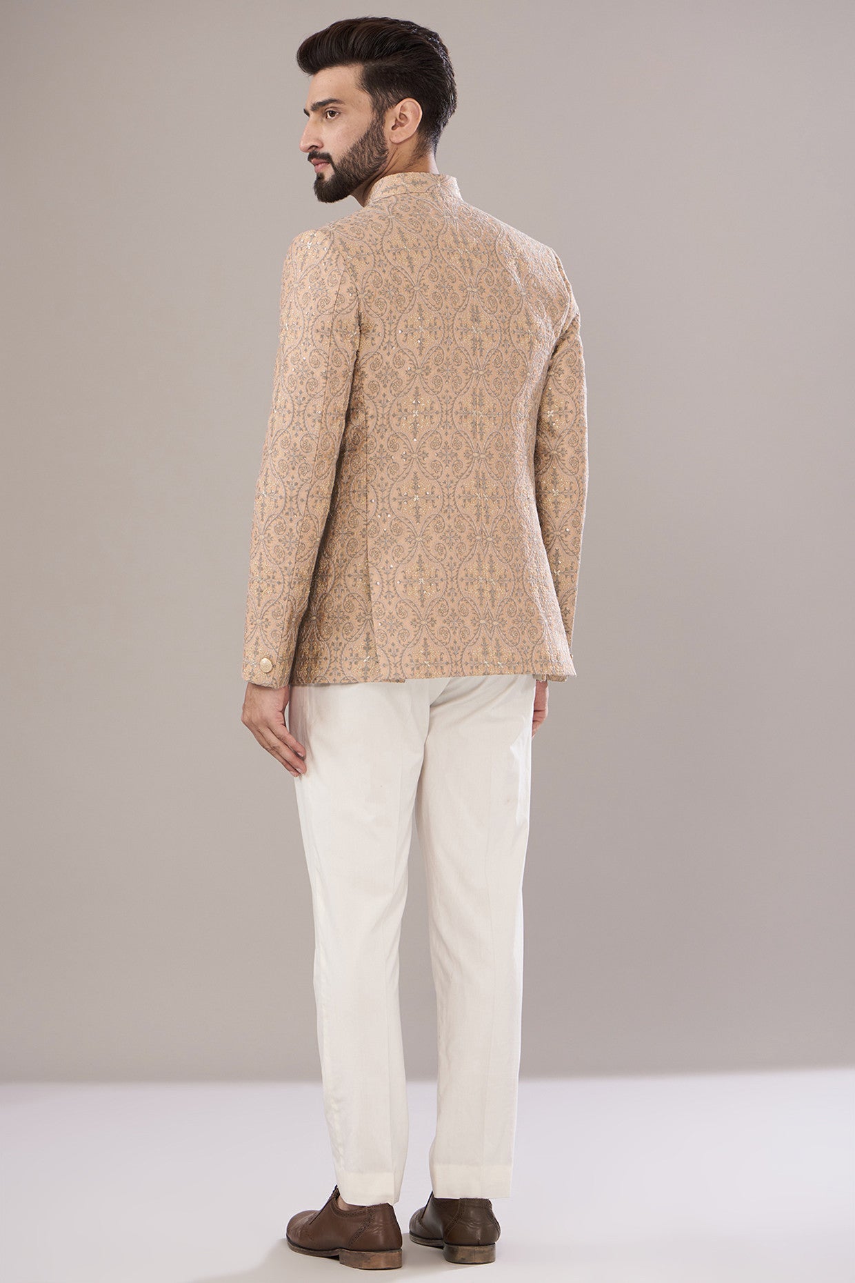 Elegant Mud Peach Chanderi Embroidered Bandhgala Jacket for Men | Traditional Indian Formal Wear | Perfect for Weddings, Parties & Special Occasions