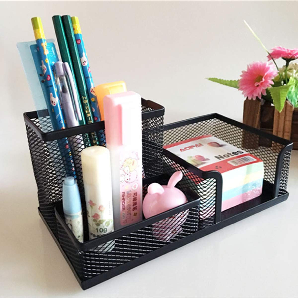 2 Pack Black Mesh Desk Organizer Pen Holder with 3 Compartments - Office Supplies Caddy for Pencils, Markers & Desk Accessories - Perfect for Home Office, School & Workspace Organization