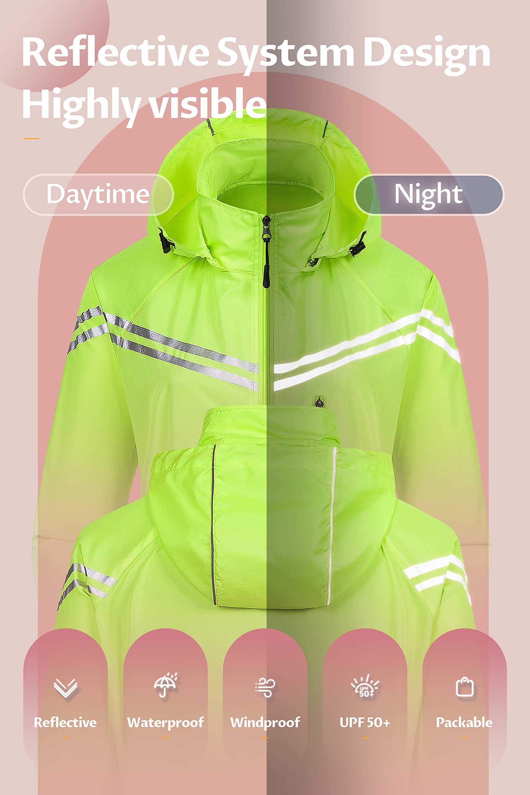CREATMO Women's Lightweight Packable Waterproof Running Jacket - Reflective Windbreaker Raincoat with Detachable Hood for Cycling, Hiking & Outdoor Activities