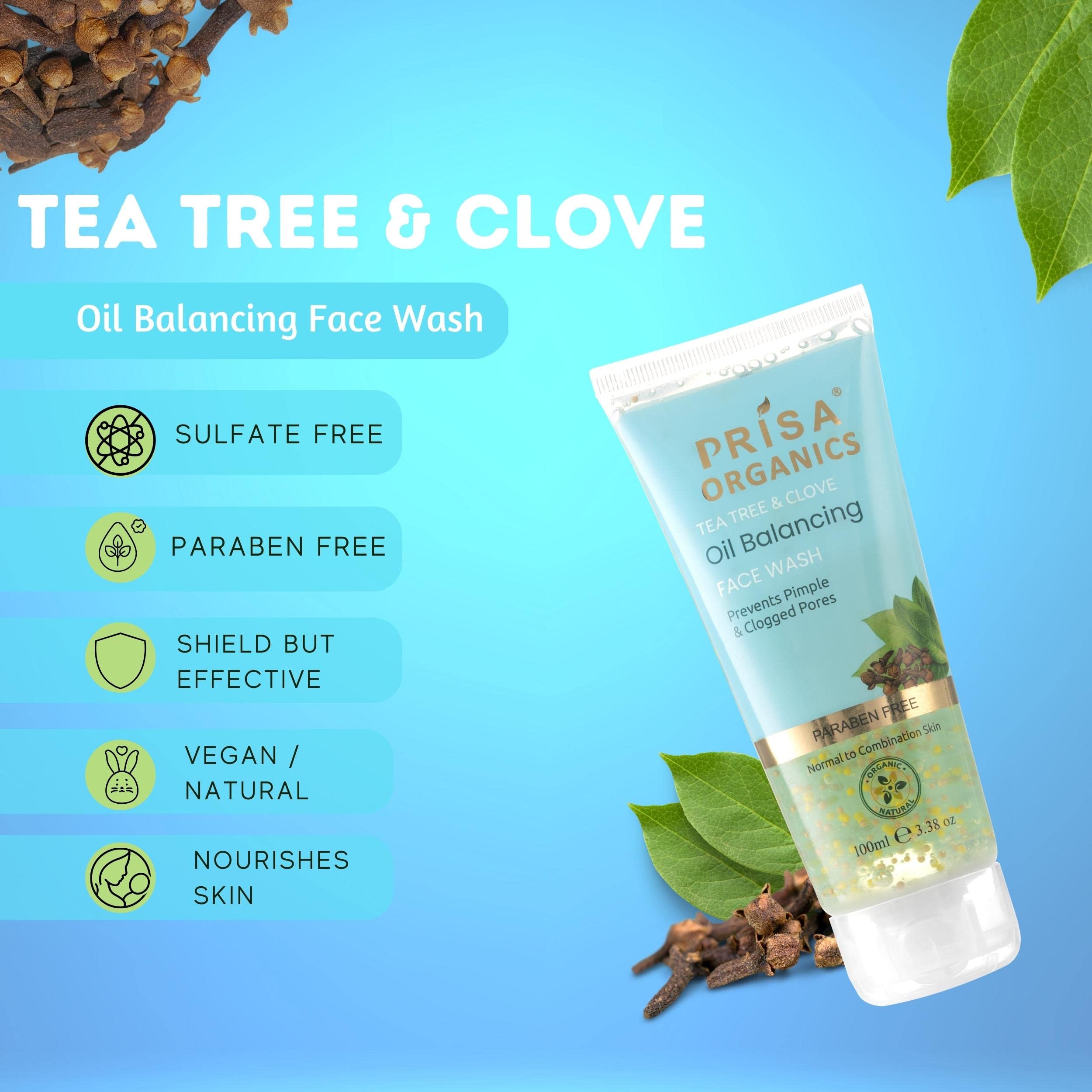 Prisa Organics Tea Tree & Clove Oil Balancing Face Wash for Oily & Sensitive Skin - 100ml | Anti-Bacterial Acne Treatment | Reduces Excess Oil & Prevents Breakouts | Gentle Daily Cleanser for Men & Women | Perfect for Morning & Night Skincare Routine