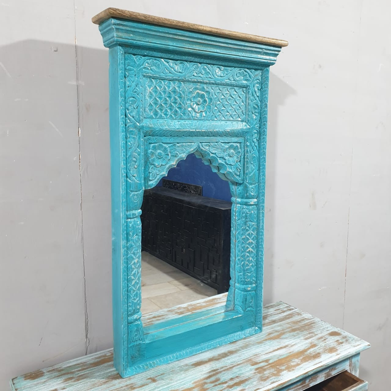 Hand Carved Antique Indian Solid Wood Mirror Frame - Blue Wooden Wall Mirror 56x11x98cm - Perfect for Boho Home Decor, Living Room & Bedroom Wall Art