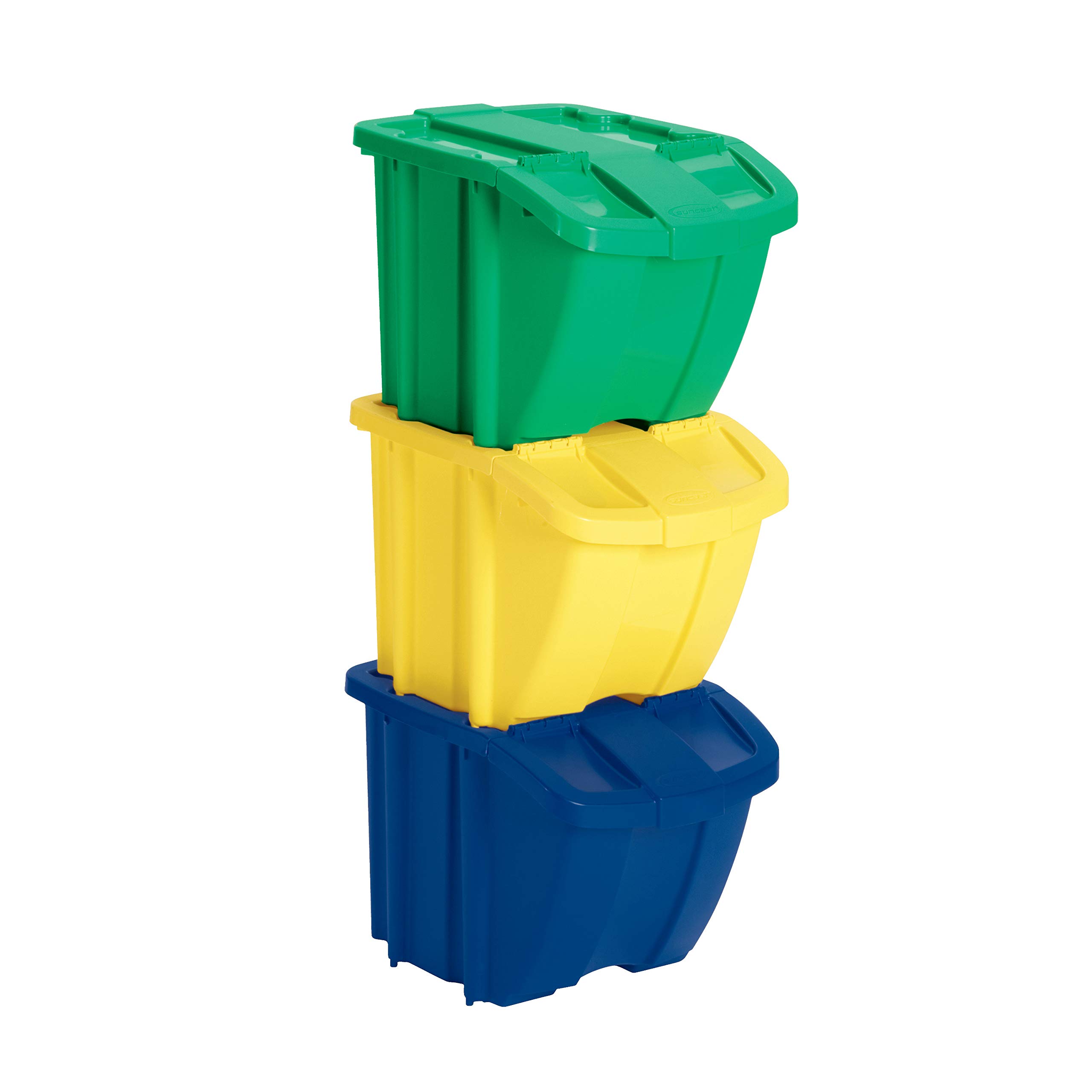 Suncast Indoor/Outdoor Stackable Recycling Bin Set with Lids - Multi-Colored Trash Cans for Kitchen, Garage, Office & Patio Waste Management