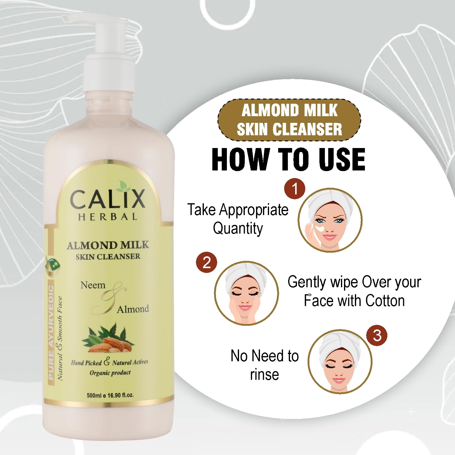 Organic Ayurvedic Almond Milk Skin Cleanser by Calix - Nourishing Face Wash for Dull & Dehydrated Skin | Men & Women | All Skin Types | 500ml | Perfect for Daily Skincare Routine & Travel