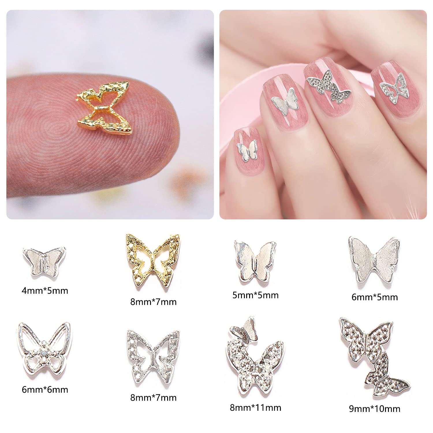 SILPECWEE 100pcs 3D Gold Silver Butterfly Nail Charms - Alloy Hollow Nail Studs & Nail Jewels for Nail Art Decoration | Perfect for Acrylic Nails, DIY Manicures & Professional Salon Use